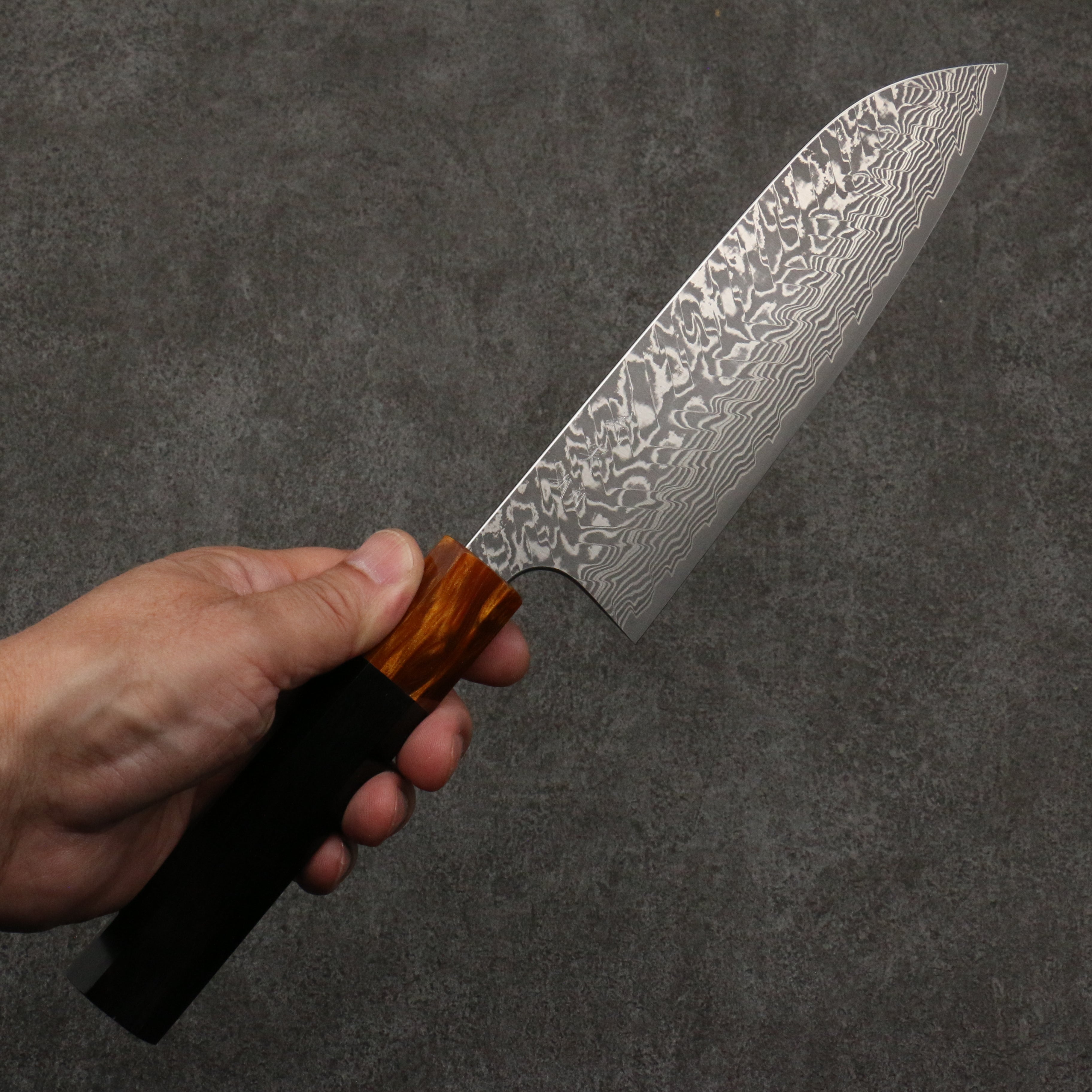 Yoshimi Kato SG2 Black Damascus Santoku 170mm Ebony (ferrule: Orange Resin) Handle - Seisuke Knife