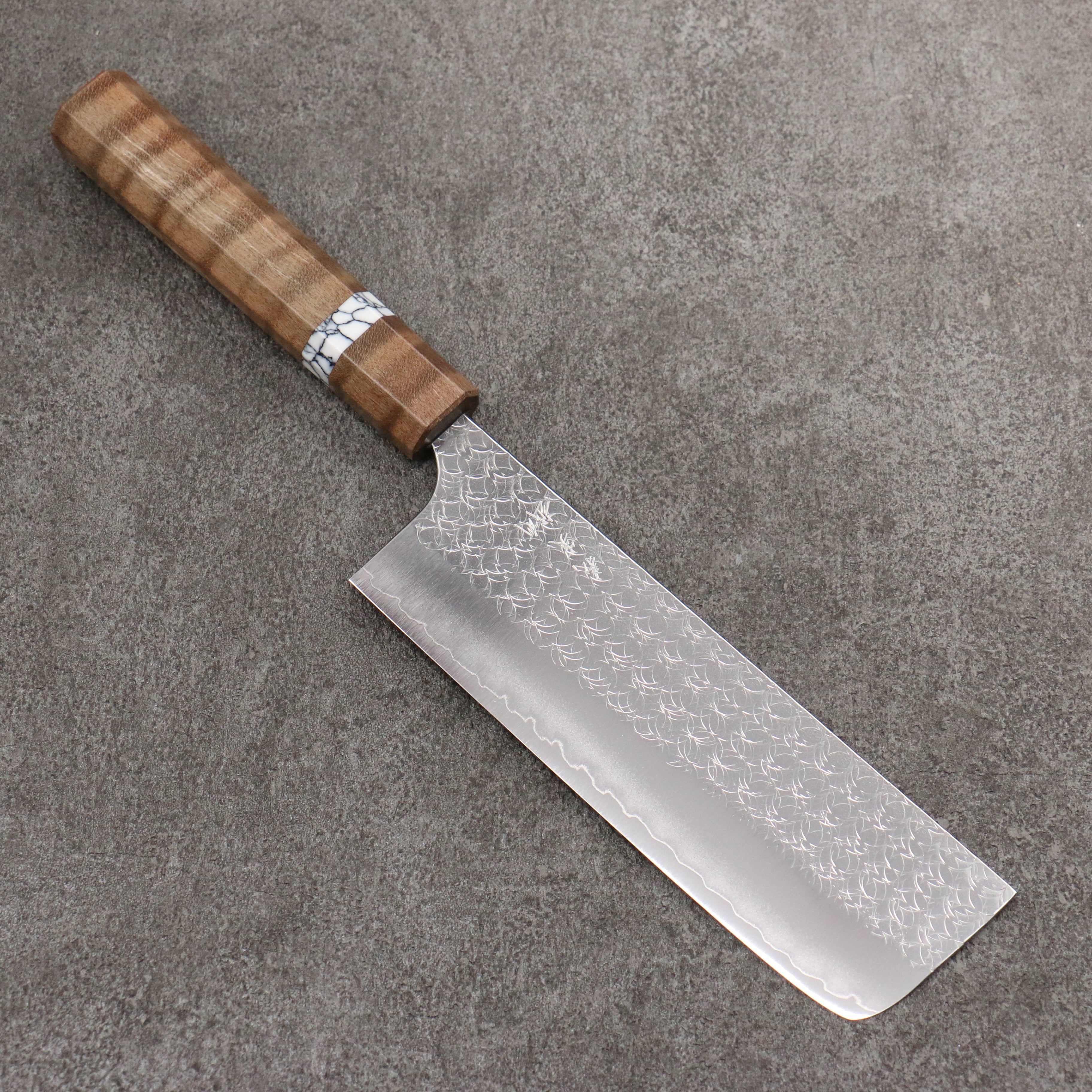Yoshimi Kato Minamo SG2 Hammered Nakiri 165mm Brown Stabilized Wood (White turquoise Ring) Handle - Seisuke Knife