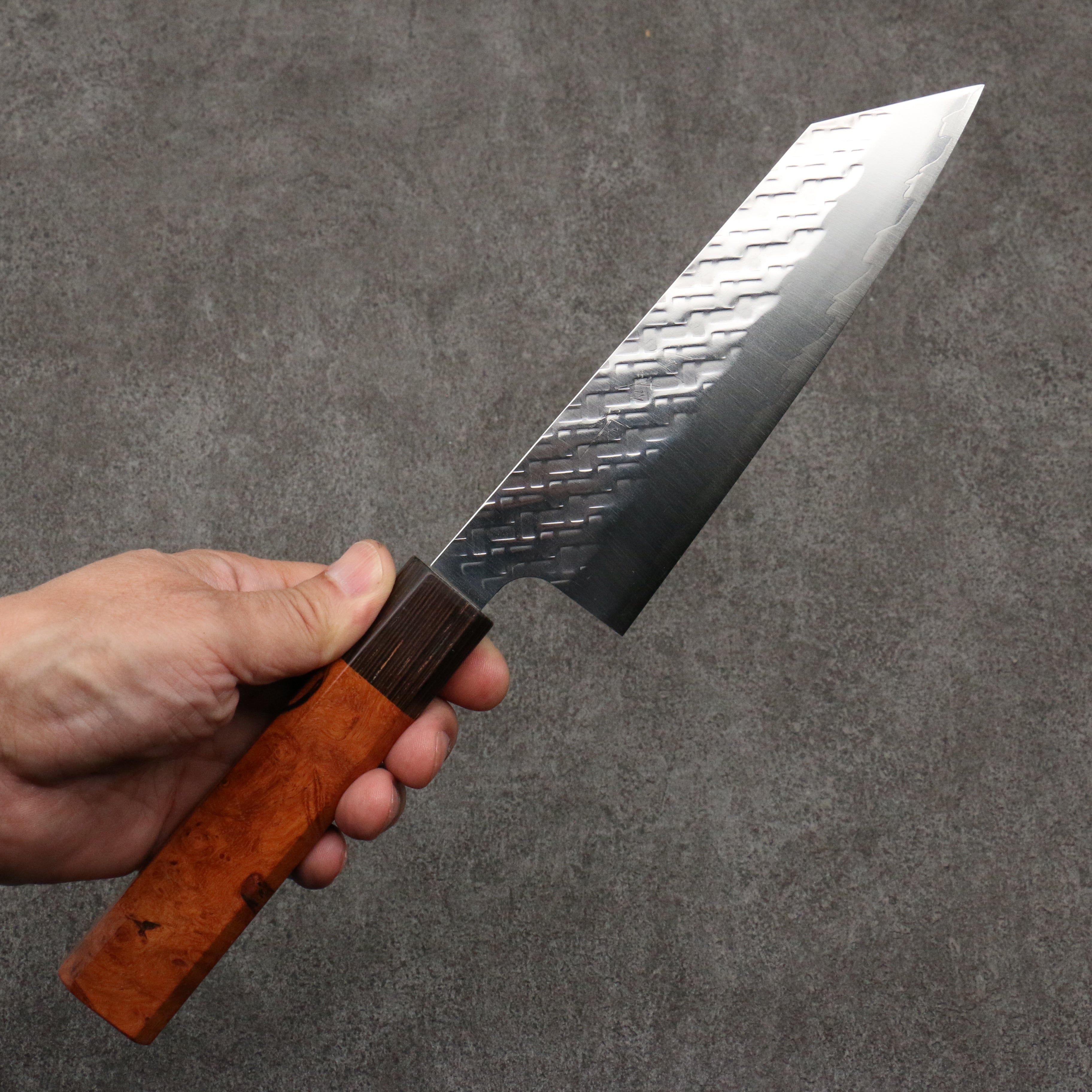 Takeshi Saji SPG STRIX Hammered Migaki Finished Bunka 165mm Chinese Quince Burl (Ferrule: Wenge) Handle - Seisuke Knife