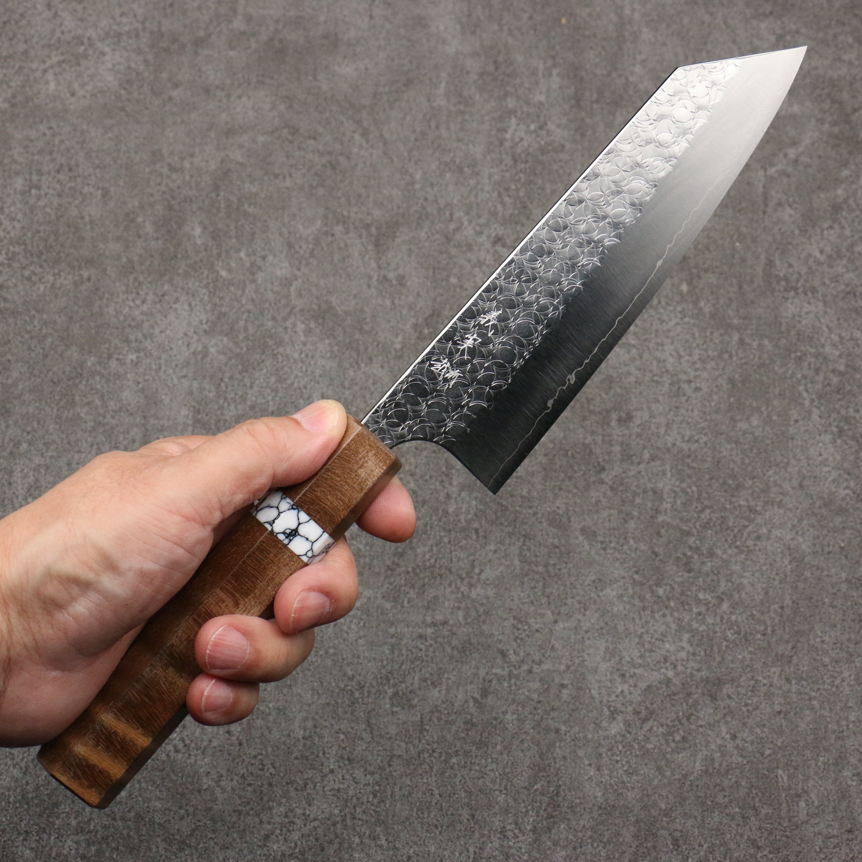 Yoshimi Kato Minamo SG2 Hammered Bunka 170mm Brown Stabilized Wood (White turquoise Ring) Handle - Seisuke Knife
