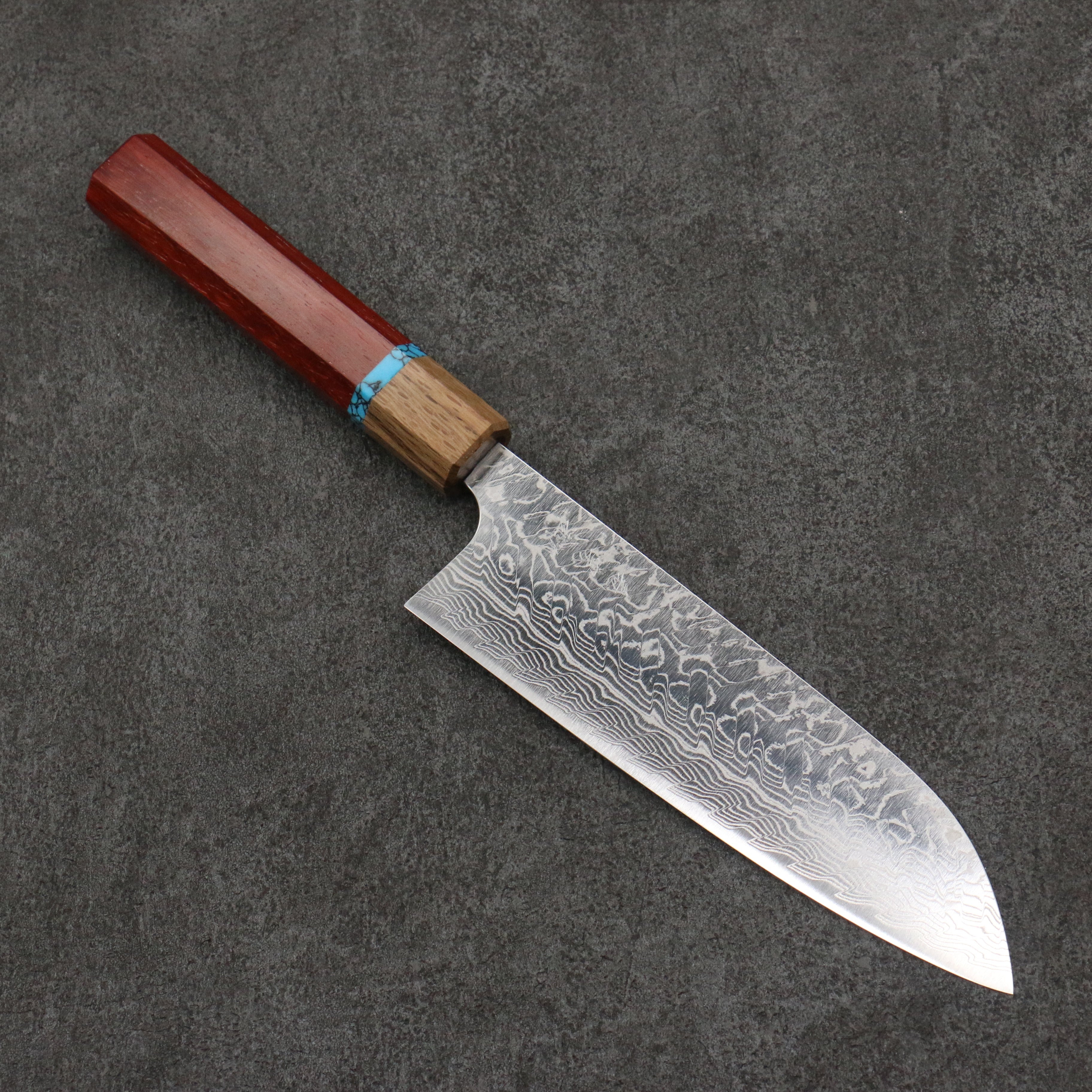 Yoshimi Kato SG2 Damascus Migaki Polish Finish Santoku 170mm Padoauk(Turquoise Ring) Handle - Seisuke Knife