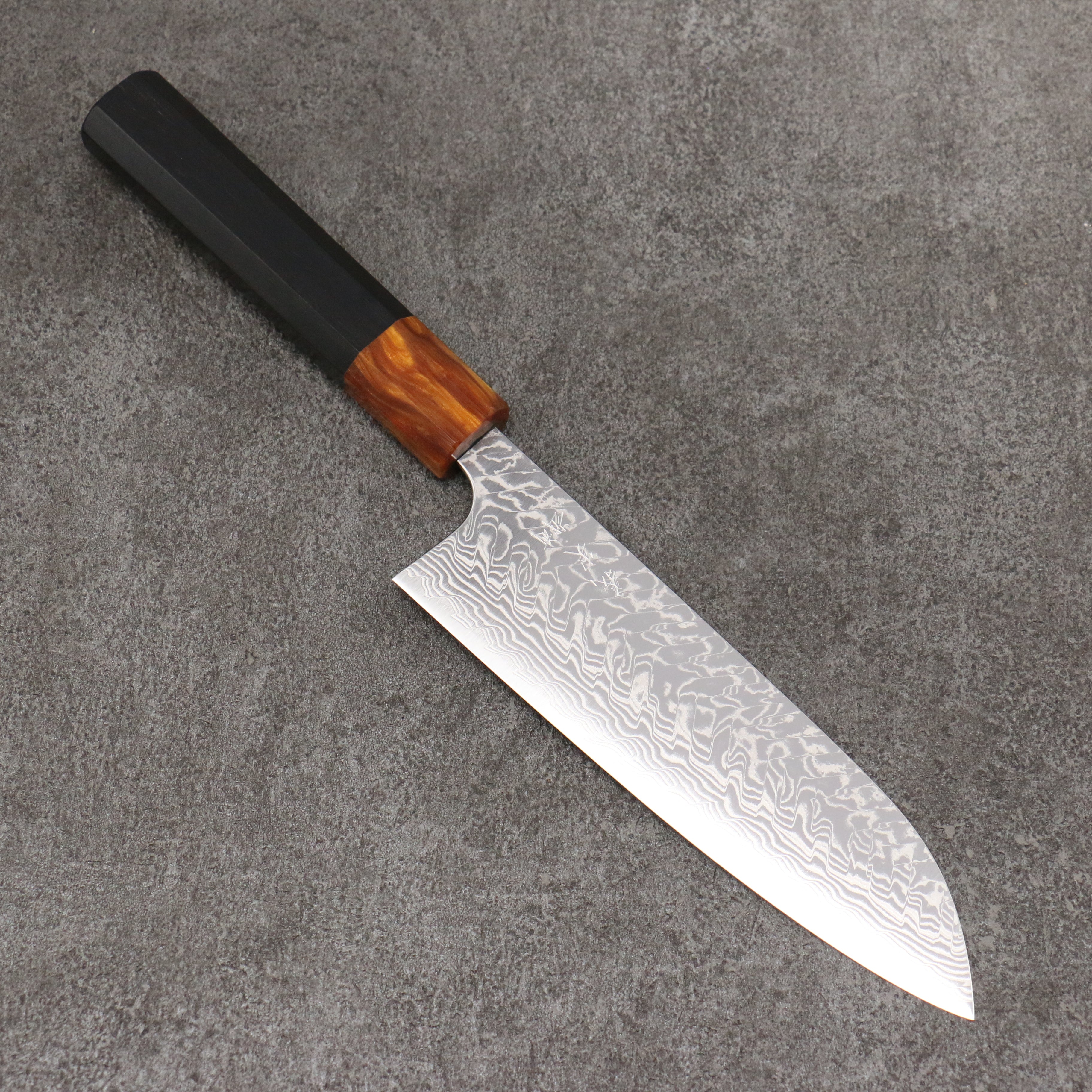 Yoshimi Kato SG2 Damascus Migaki Polish Finish Santoku 170mm Ebony (ferrule: Orange Resin) Handle - Seisuke Knife