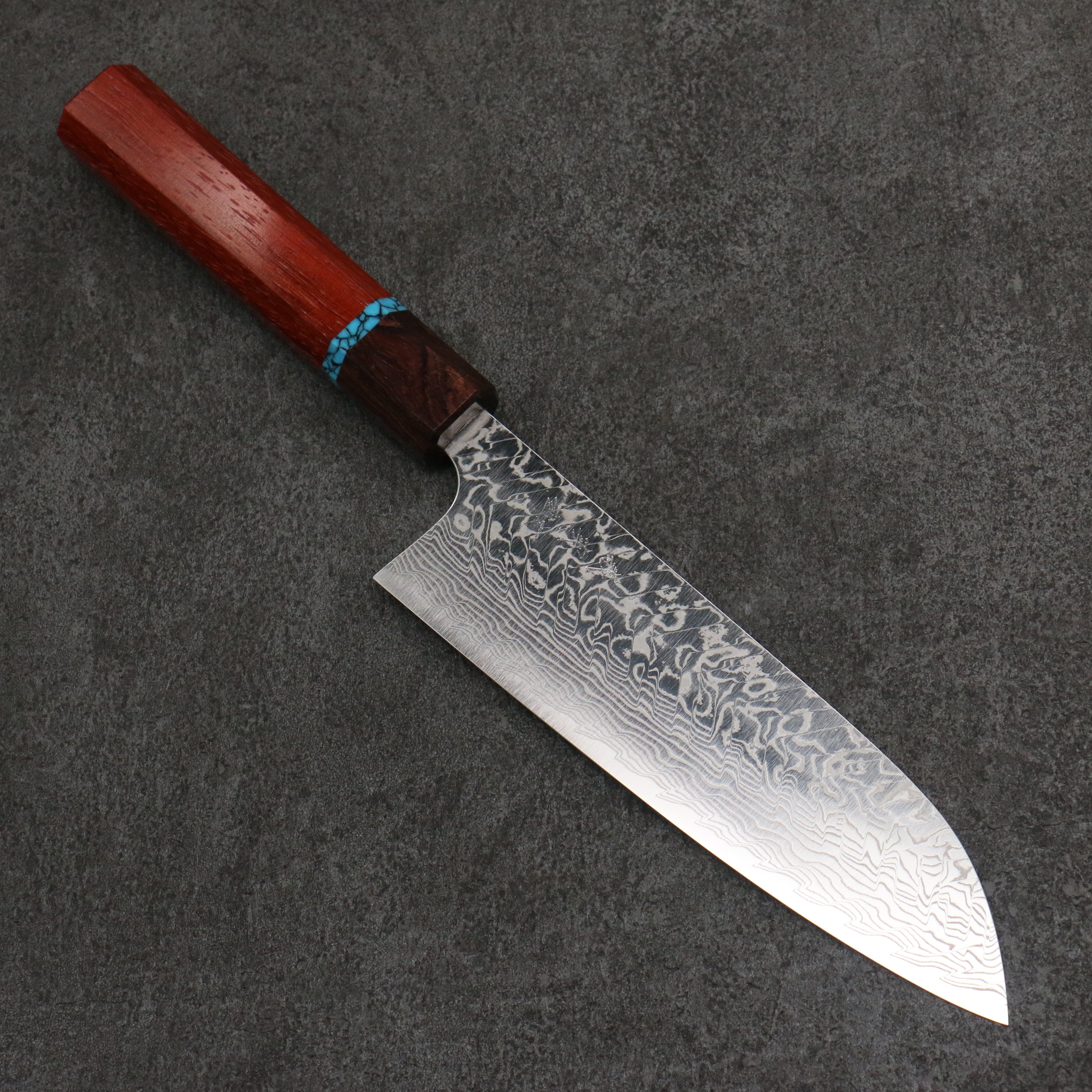 Yoshimi Kato SG2 Damascus Migaki Polish Finish Santoku 170mm Padoauk(Turquoise Ring) Handle - Seisuke Knife