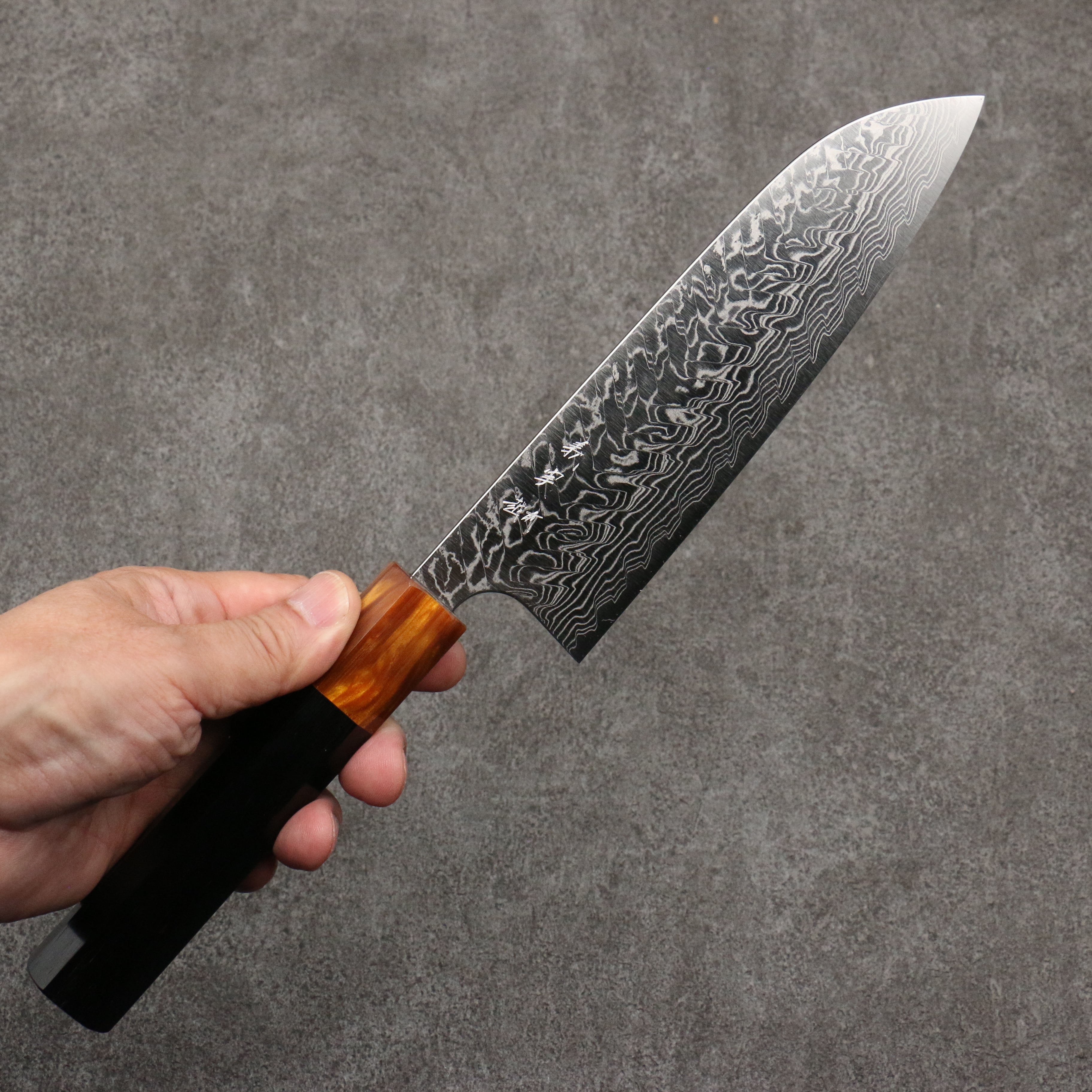 Yoshimi Kato SG2 Damascus Migaki Polish Finish Santoku 170mm Ebony (ferrule: Orange Resin) Handle - Seisuke Knife