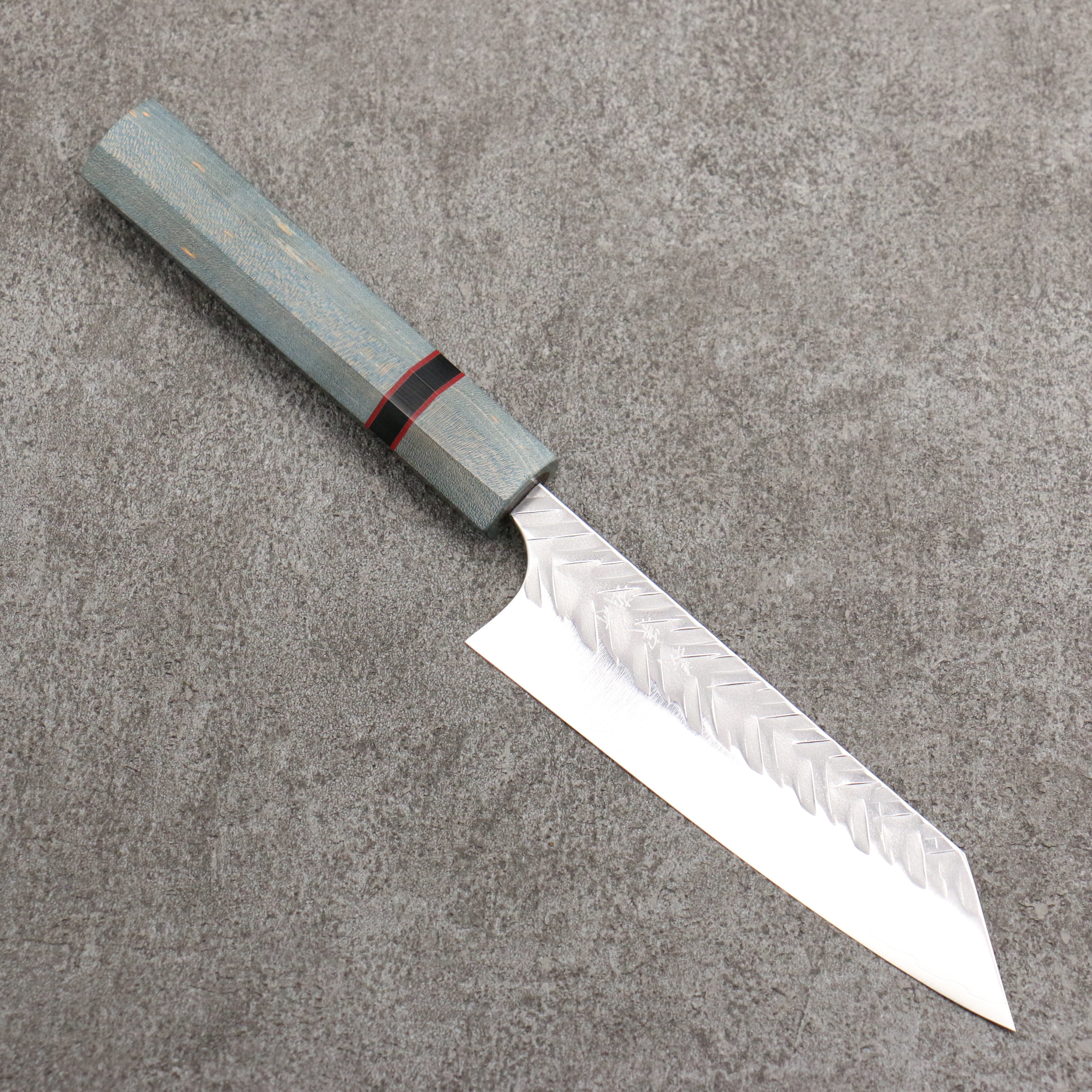 Yoshimi Kato SPG STRIX Hammered (V) Small Bunka 130mm Blue Stabilized Wood (With Black Ring) Handle - Seisuke Knife