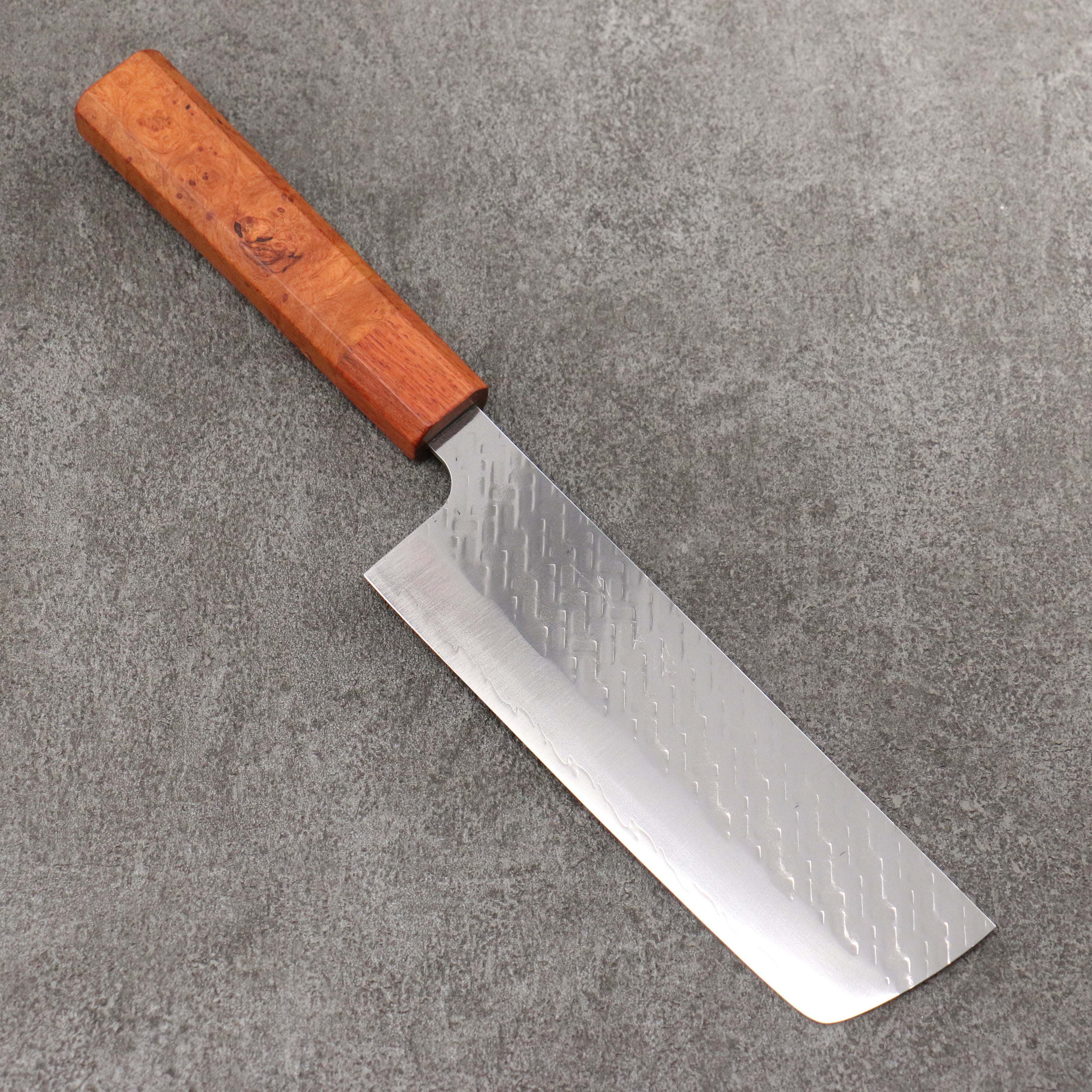 Takeshi Saji SPG STRIX Hammered Migaki Finished Nakiri 165mm Chinese Quince Burl (Ferrule: Chinese Quince) Handle - Seisuke Knife