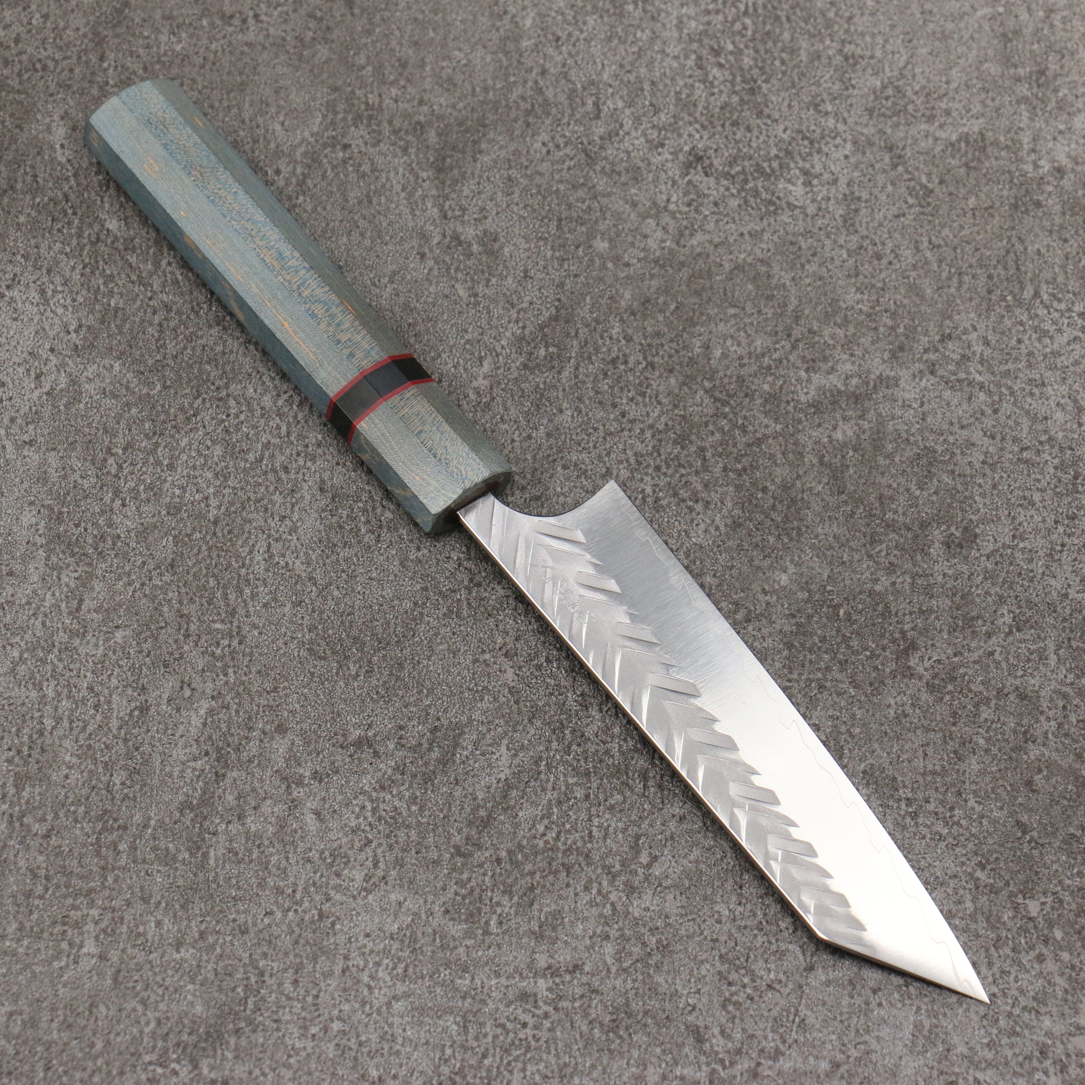 Yoshimi Kato SPG STRIX Hammered (V) Small Bunka 130mm Blue Stabilized Wood (With Black Ring) Handle - Seisuke Knife