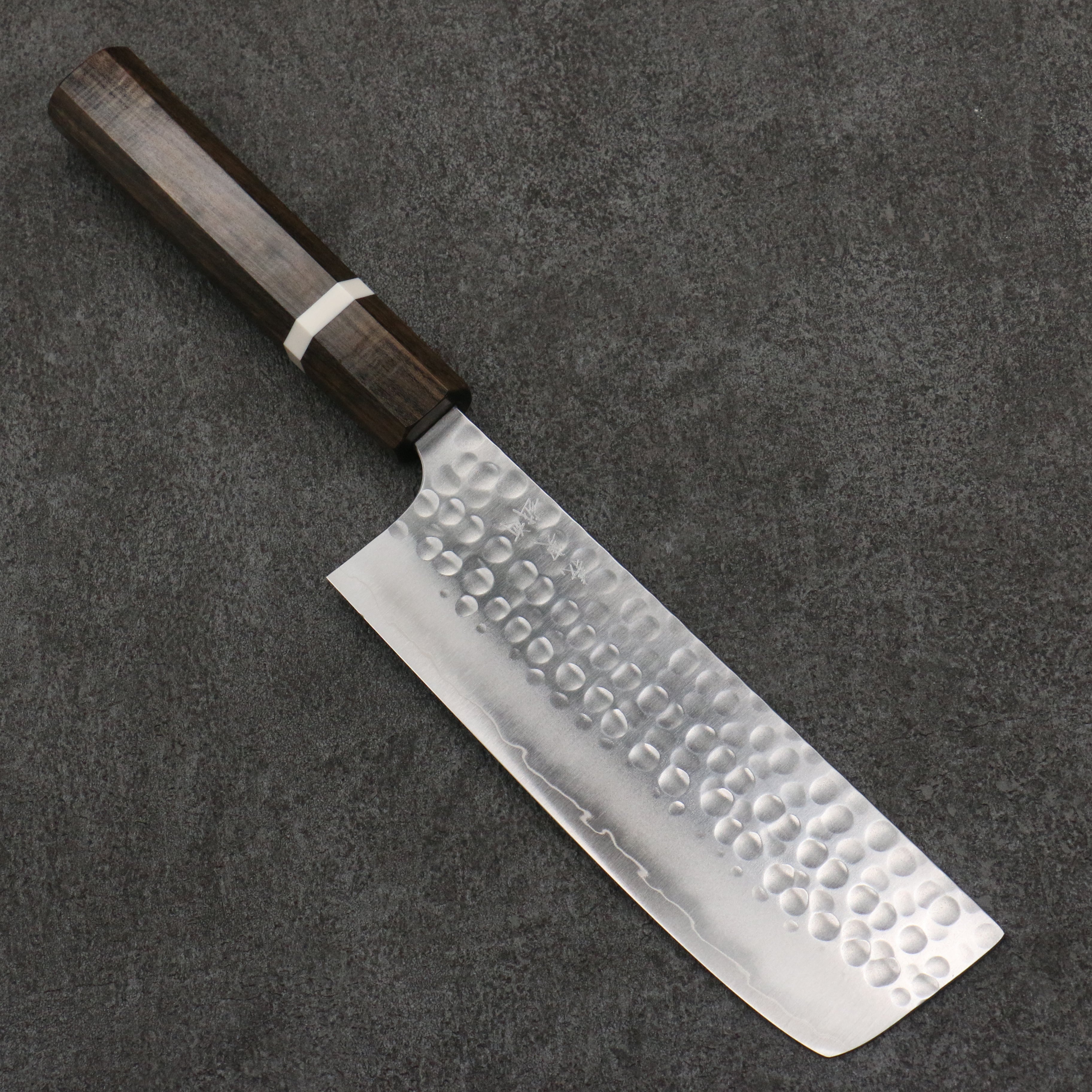 Yoshimi Kato Silver Steel No.3 Hammered(Maru) Migaki Finished Nakiri 165mm Sandalwood with White Ring Handle - Seisuke Knife