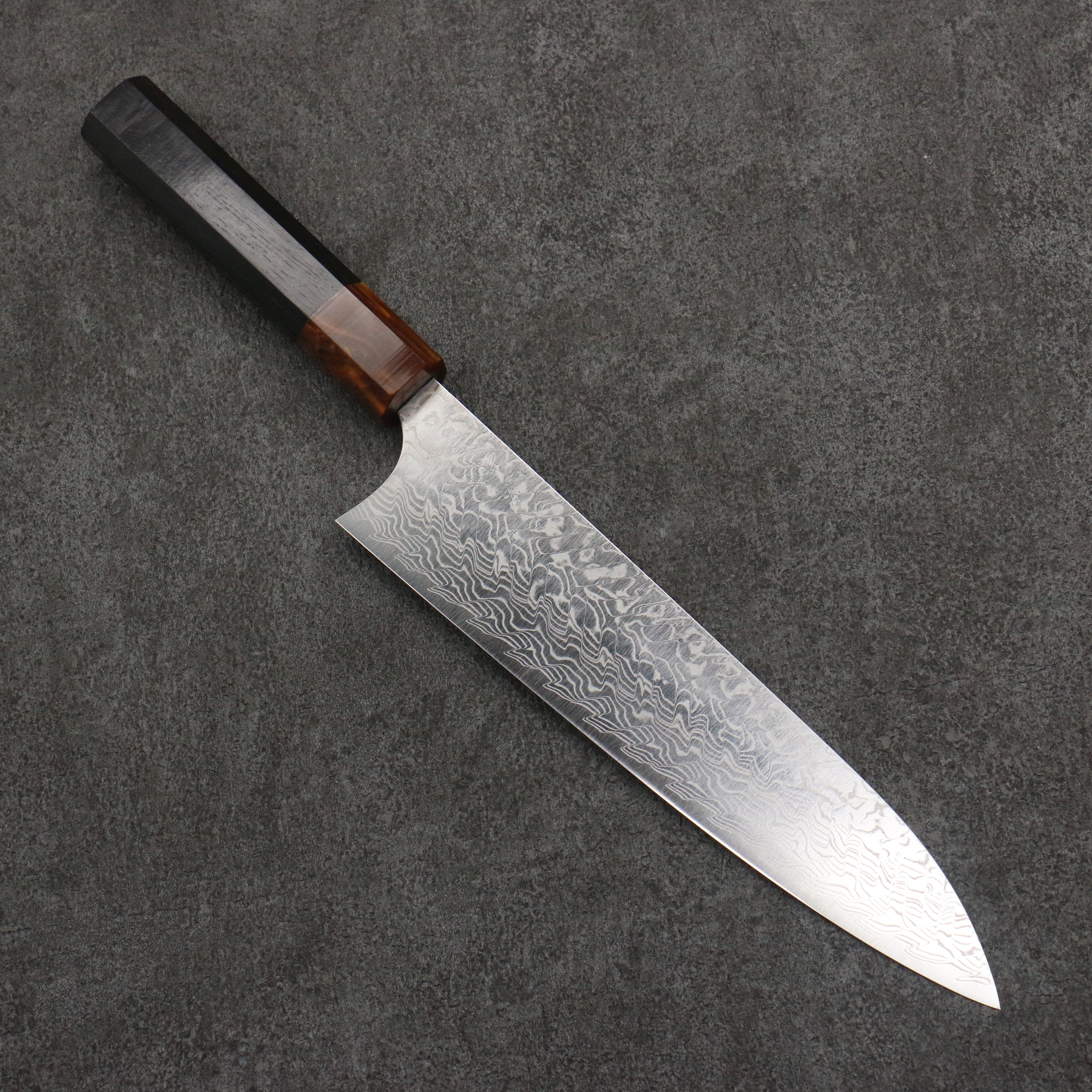 Yoshimi Kato SG2 Damascus Migaki Polish Finish Gyuto 210mm Ebony (ferrule: Orange Resin) Handle - Seisuke Knife