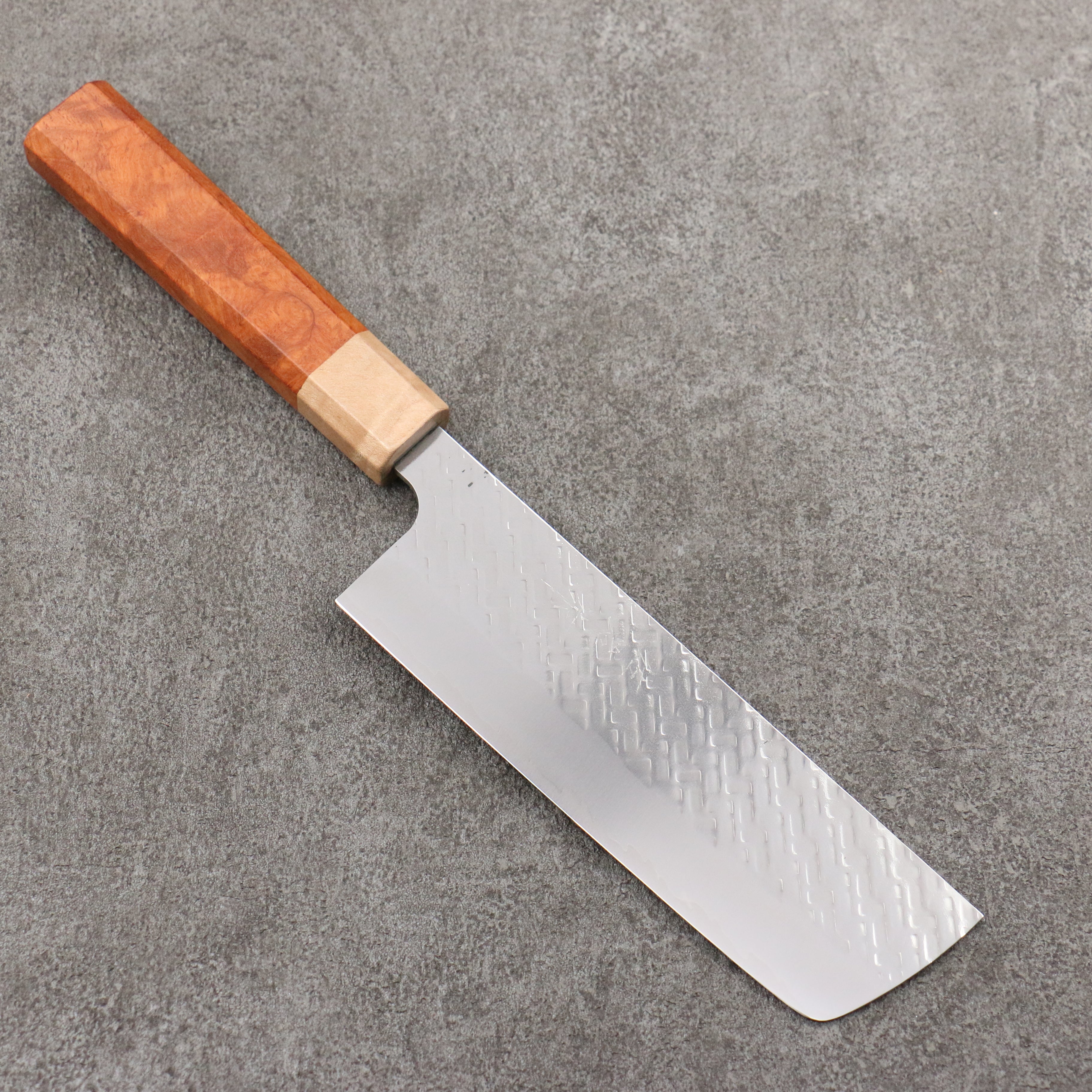 Takeshi Saji SPG STRIX Hammered Migaki Finished Nakiri 165mm Chinese Quince Burl (Ferrule: Maple) Handle - Seisuke Knife