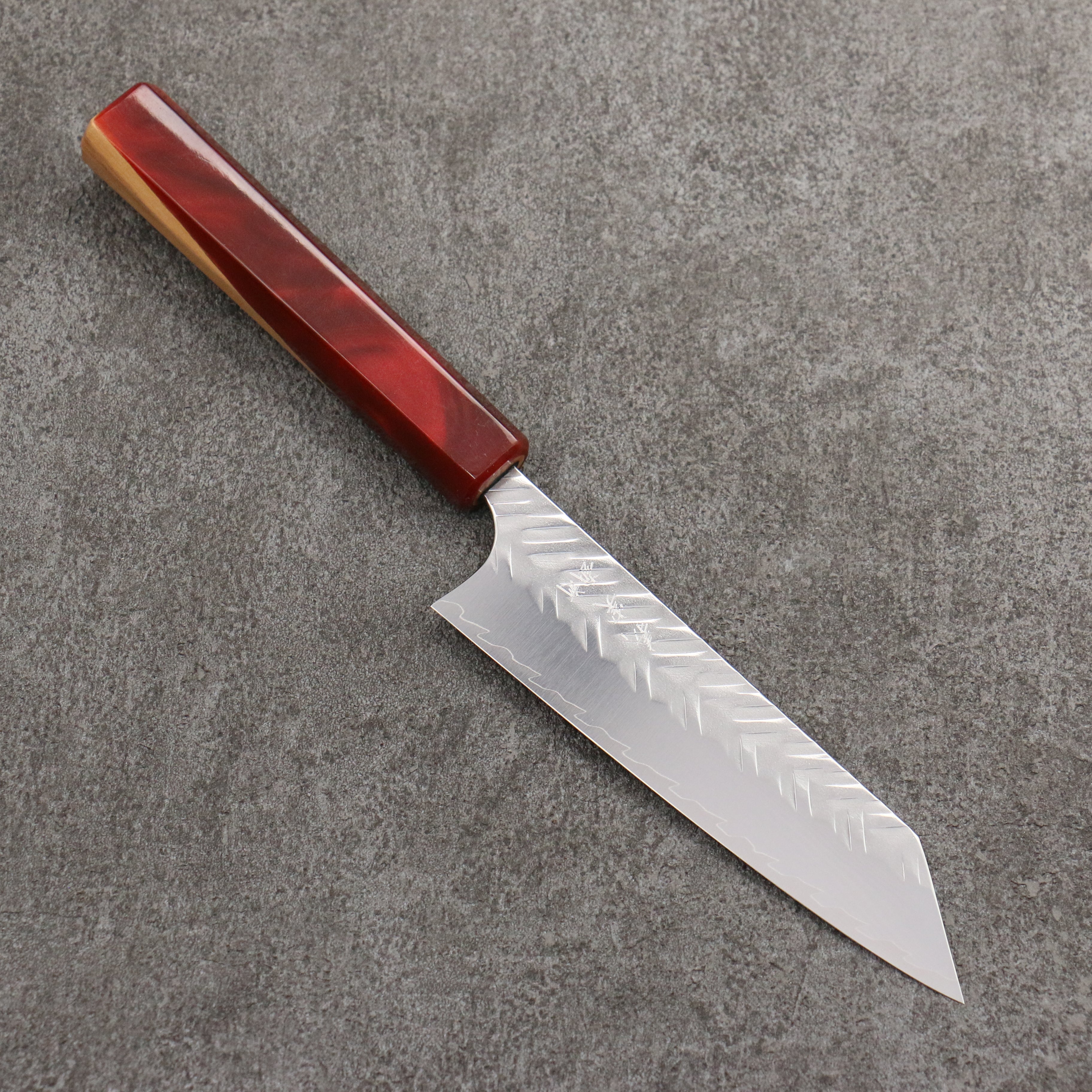 Yoshimi Kato SPG STRIX Hammered (V) Small Bunka 130mm Olive Tree and Red Resin Handle - Seisuke Knife