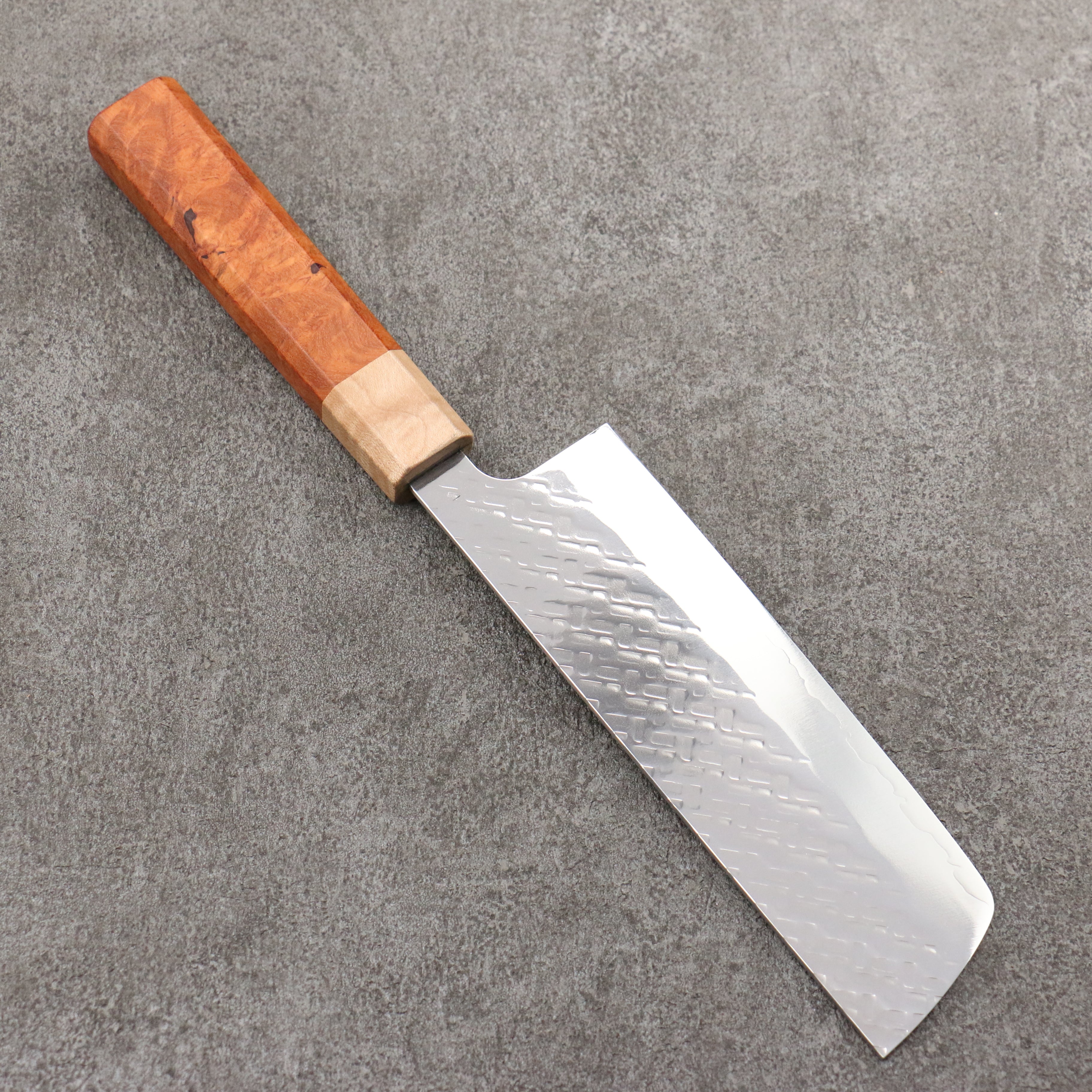 Takeshi Saji SPG STRIX Hammered Migaki Finished Nakiri 165mm Chinese Quince Burl (Ferrule: Maple) Handle - Seisuke Knife