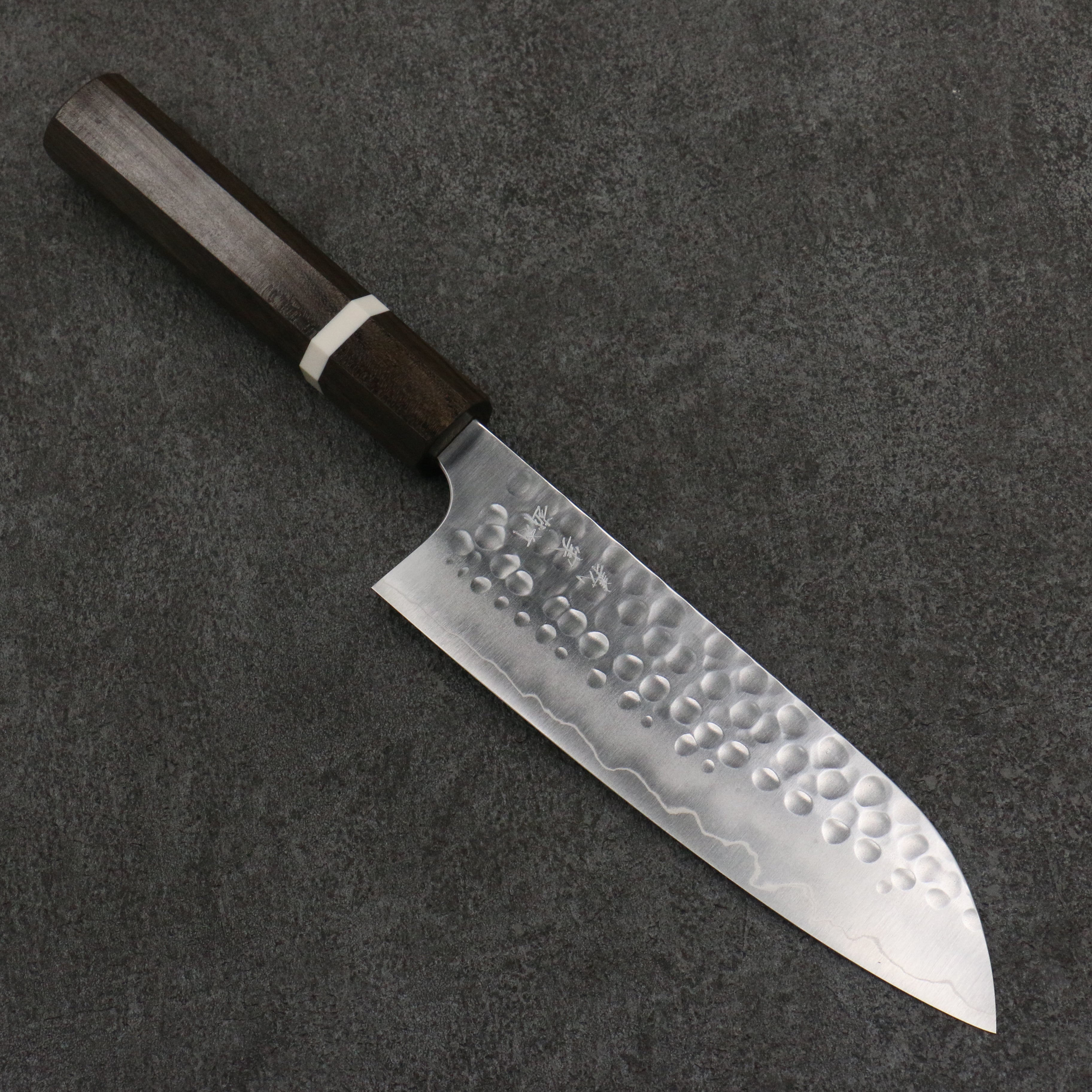 Yoshimi Kato Silver Steel No.3 Hammered(Maru) Migaki Finished Santoku 170mm Sandalwood with White Ring Handle - Seisuke Knife