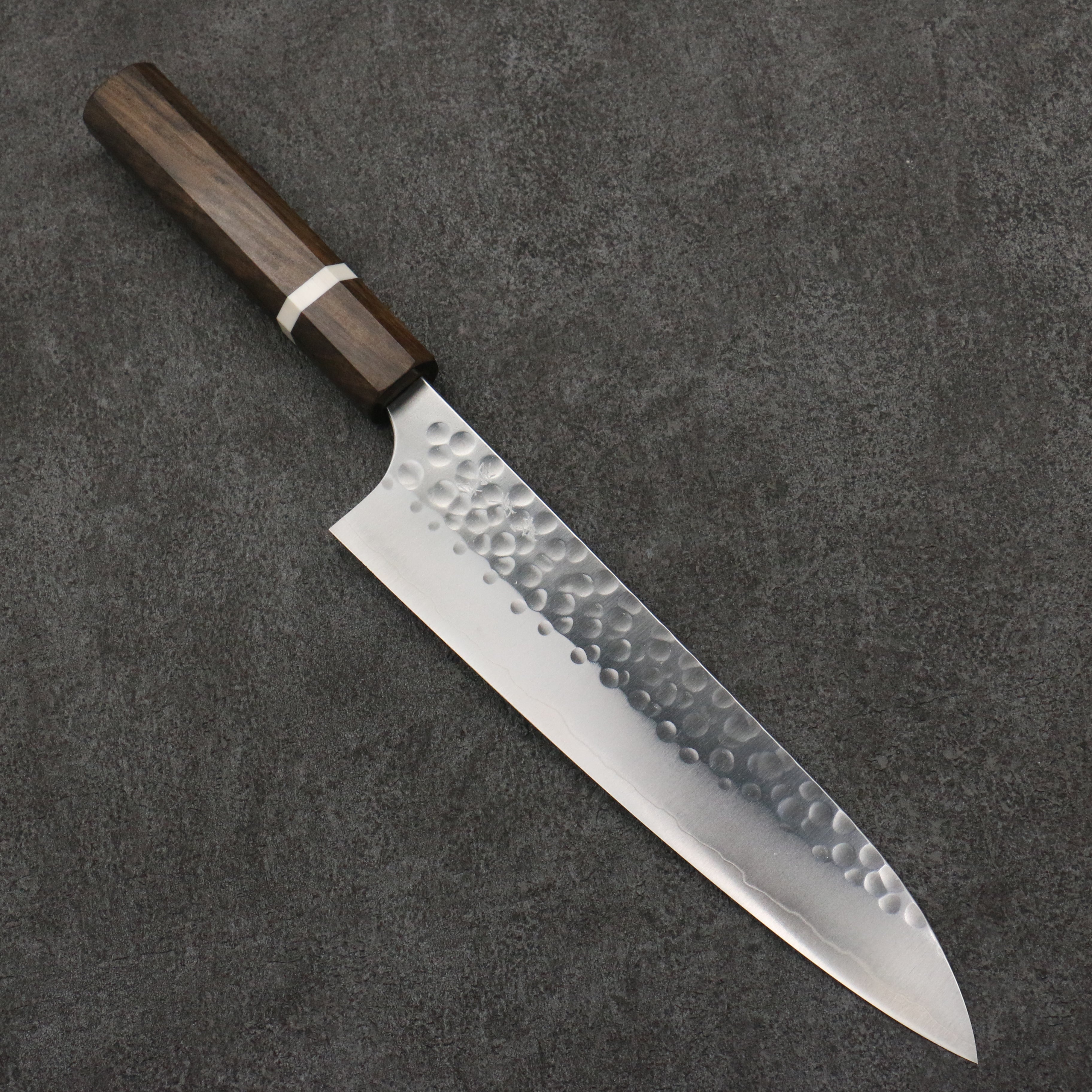 Yoshimi Kato Silver Steel No.3 Hammered(Maru) Migaki Finished Gyuto 210mm Sandalwood with White Ring Handle - Seisuke Knife