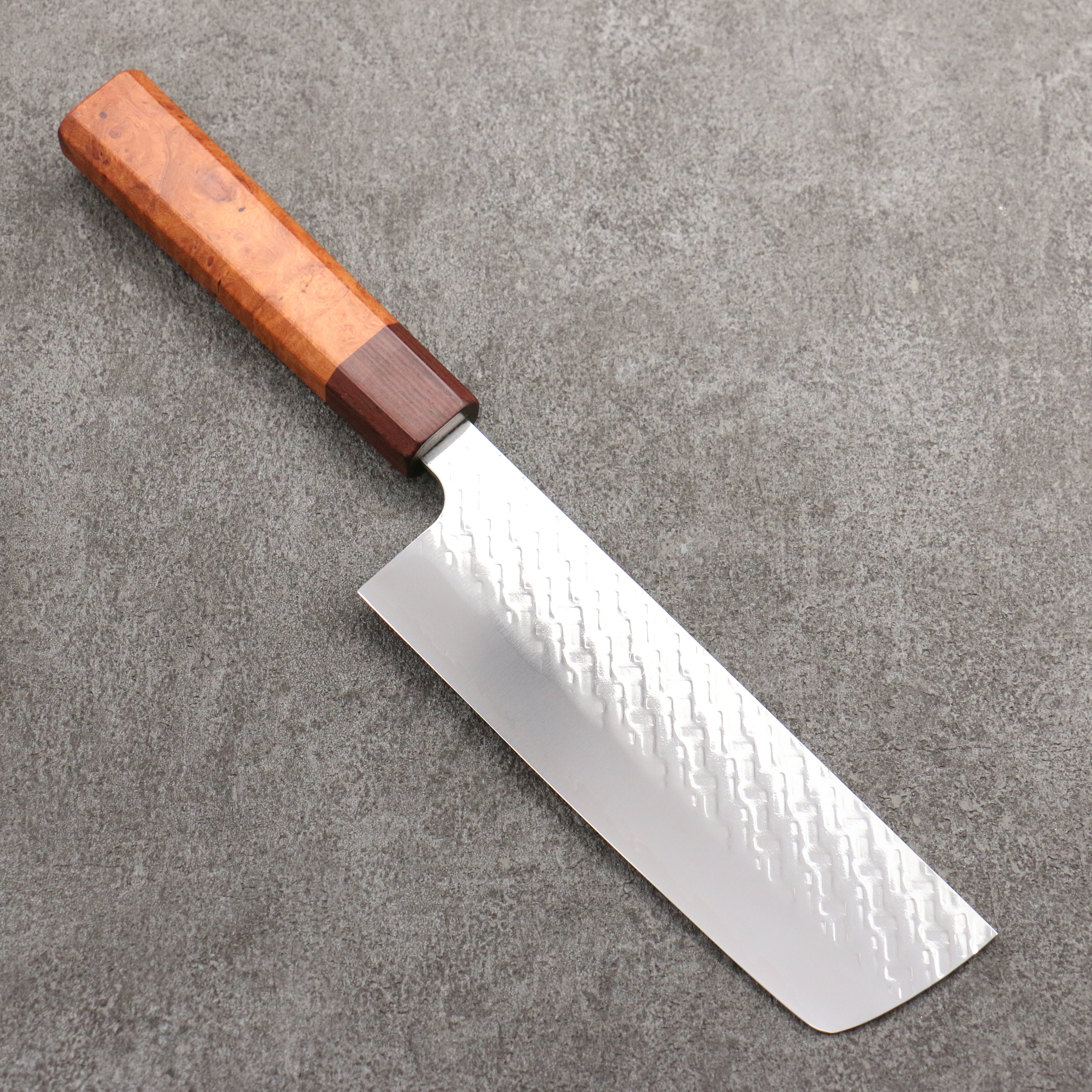 Takeshi Saji SPG STRIX Hammered Migaki Finished Nakiri 165mm Chinese Quince Burl (Ferrule: Rosewood) Handle - Seisuke Knife