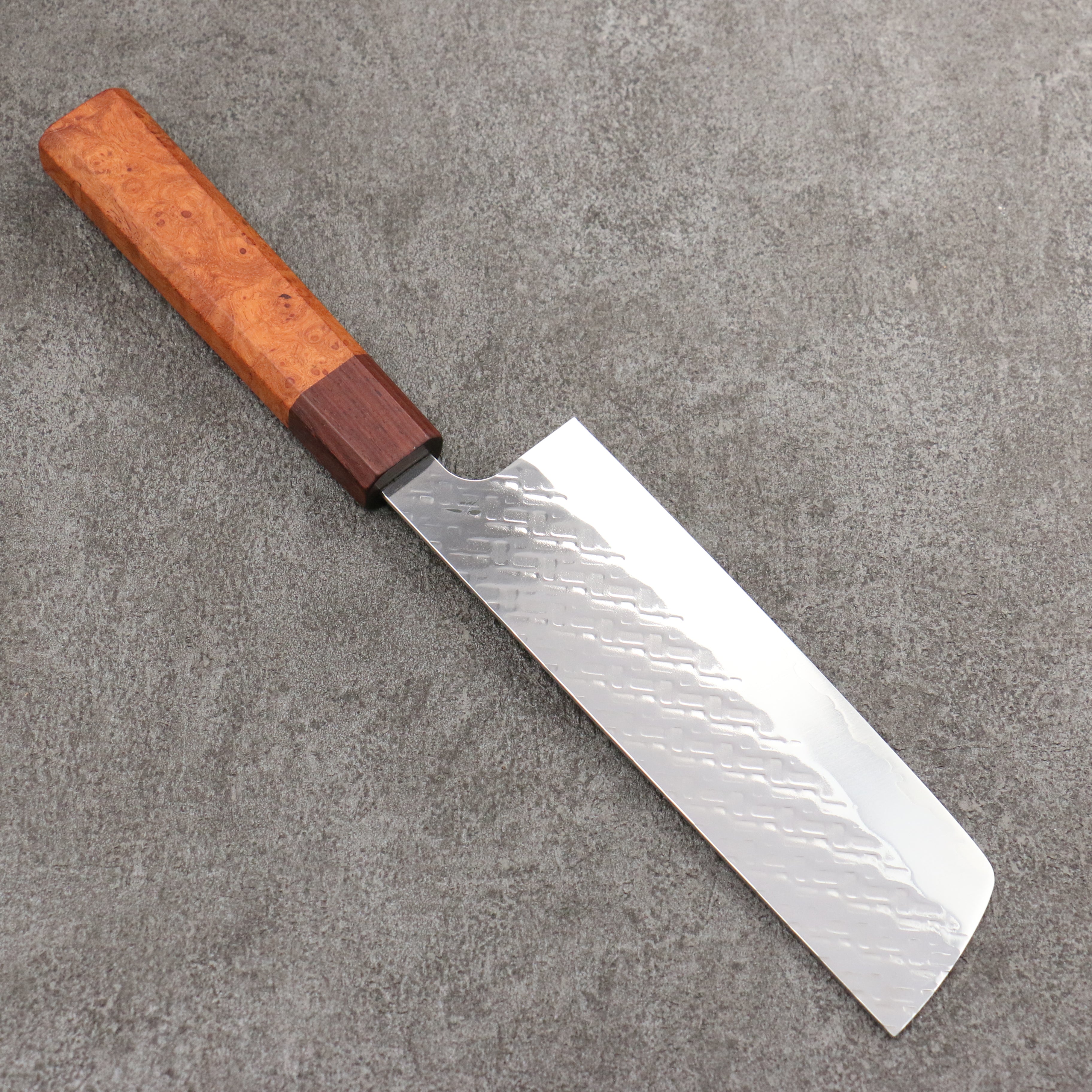 Takeshi Saji SPG STRIX Hammered Migaki Finished Nakiri 165mm Chinese Quince Burl (Ferrule: Rosewood) Handle - Seisuke Knife