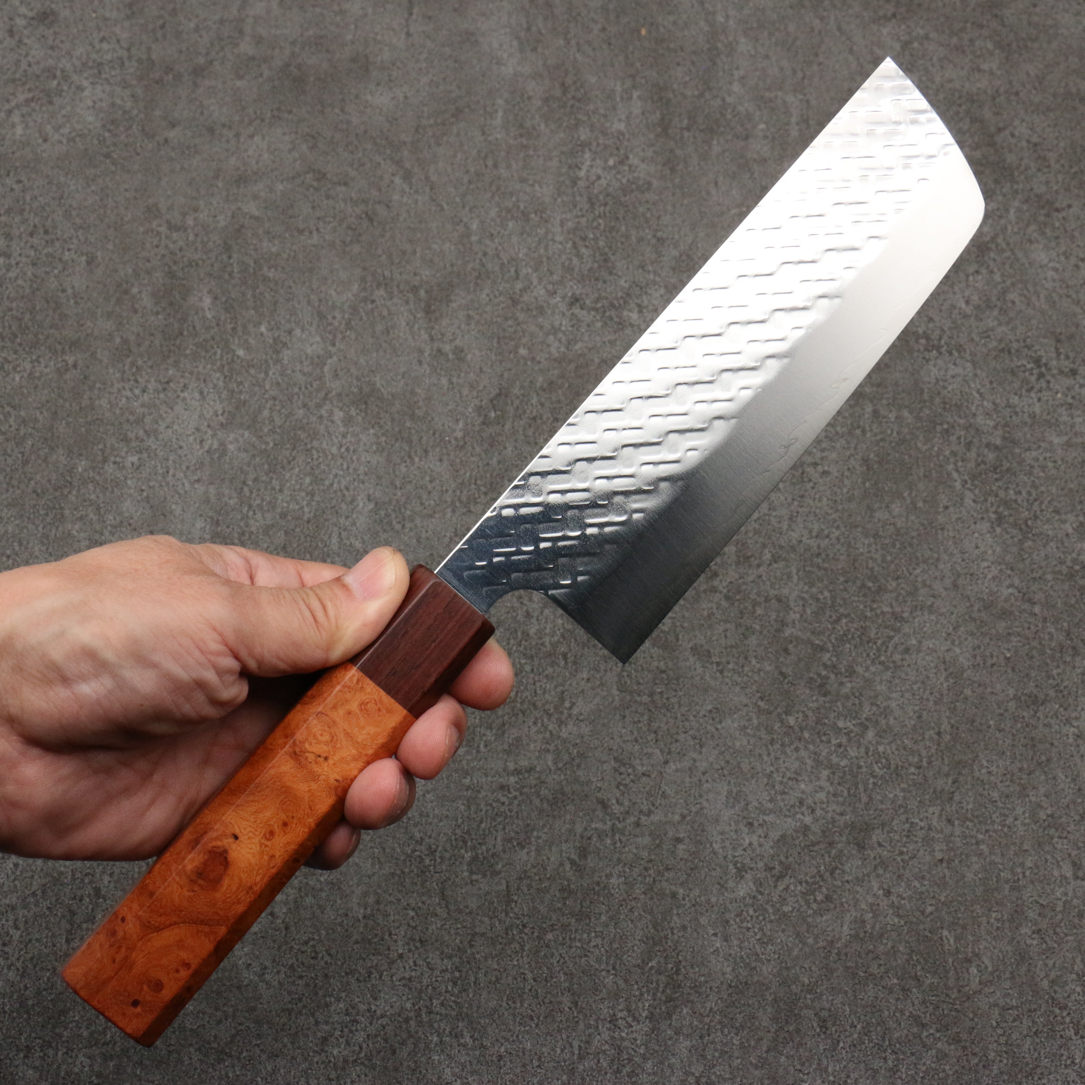 Takeshi Saji SPG STRIX Hammered Migaki Finished Nakiri 165mm Chinese Quince Burl (Ferrule: Rosewood) Handle - Seisuke Knife