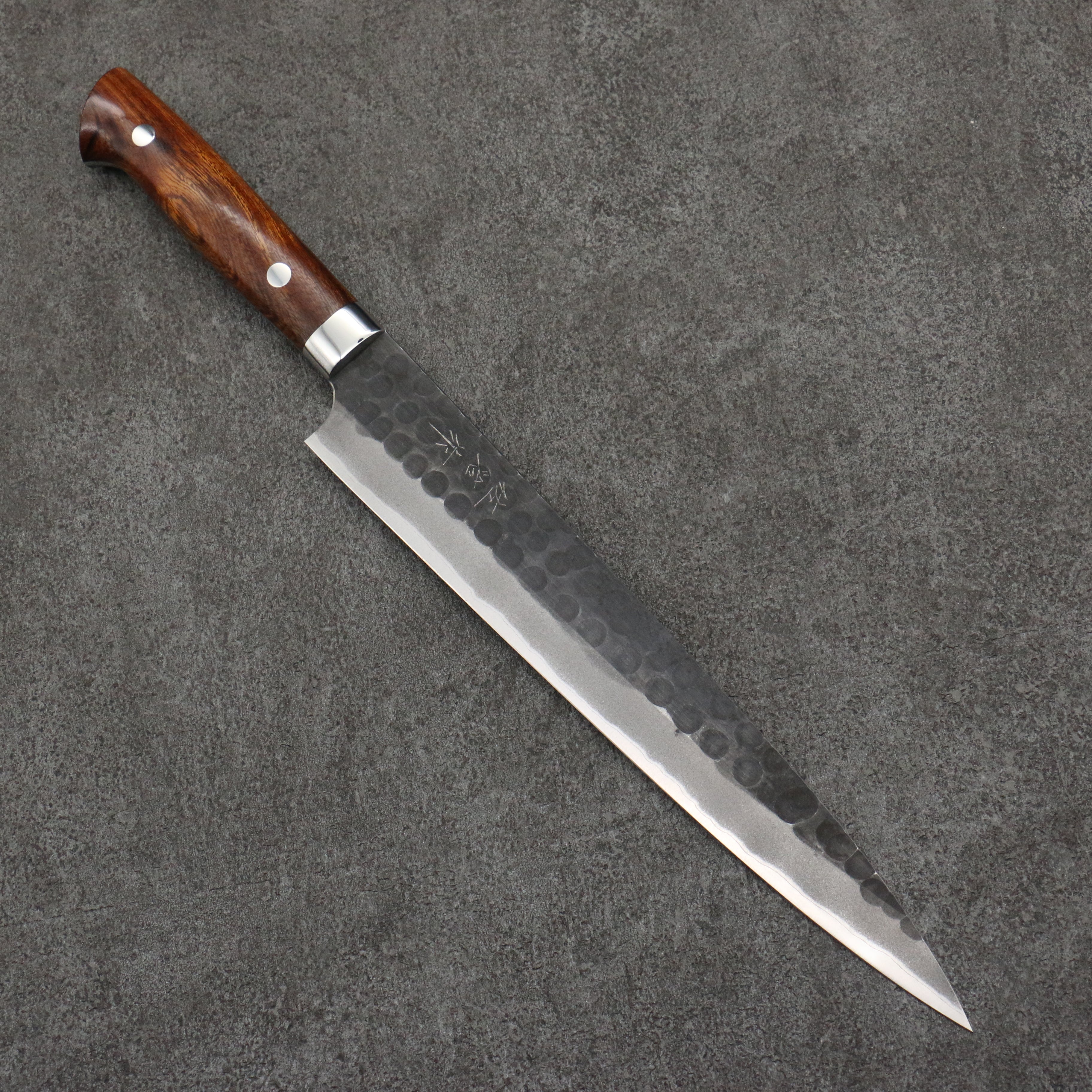 Takeshi Saji Blue Super Hammered(Maru) Kurouchi Sujihiki 240mm Ironwood Handle - Seisuke Knife