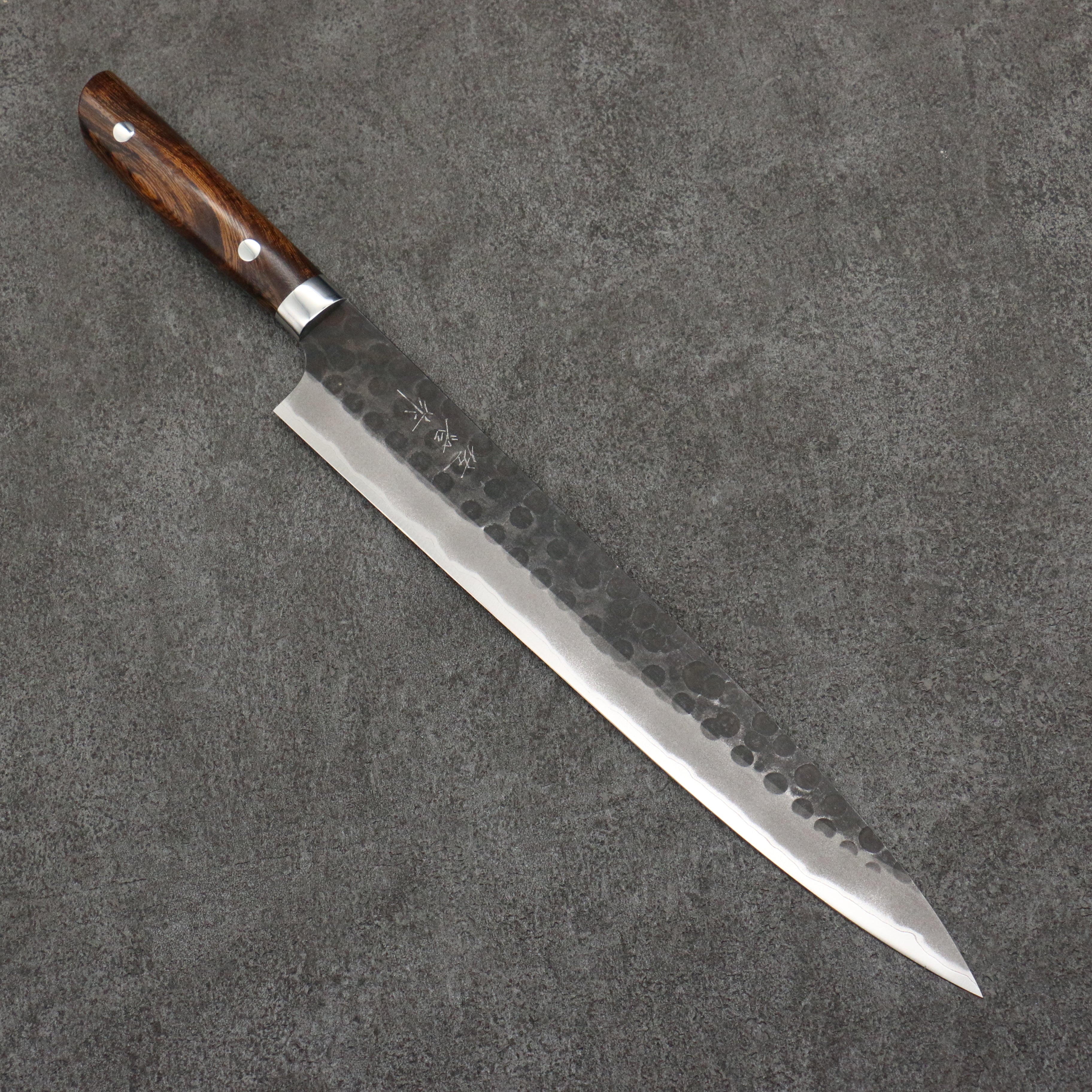 Takeshi Saji Blue Super Hammered(Maru) Kurouchi Sujihiki 270mm Ironwood Handle - Seisuke Knife