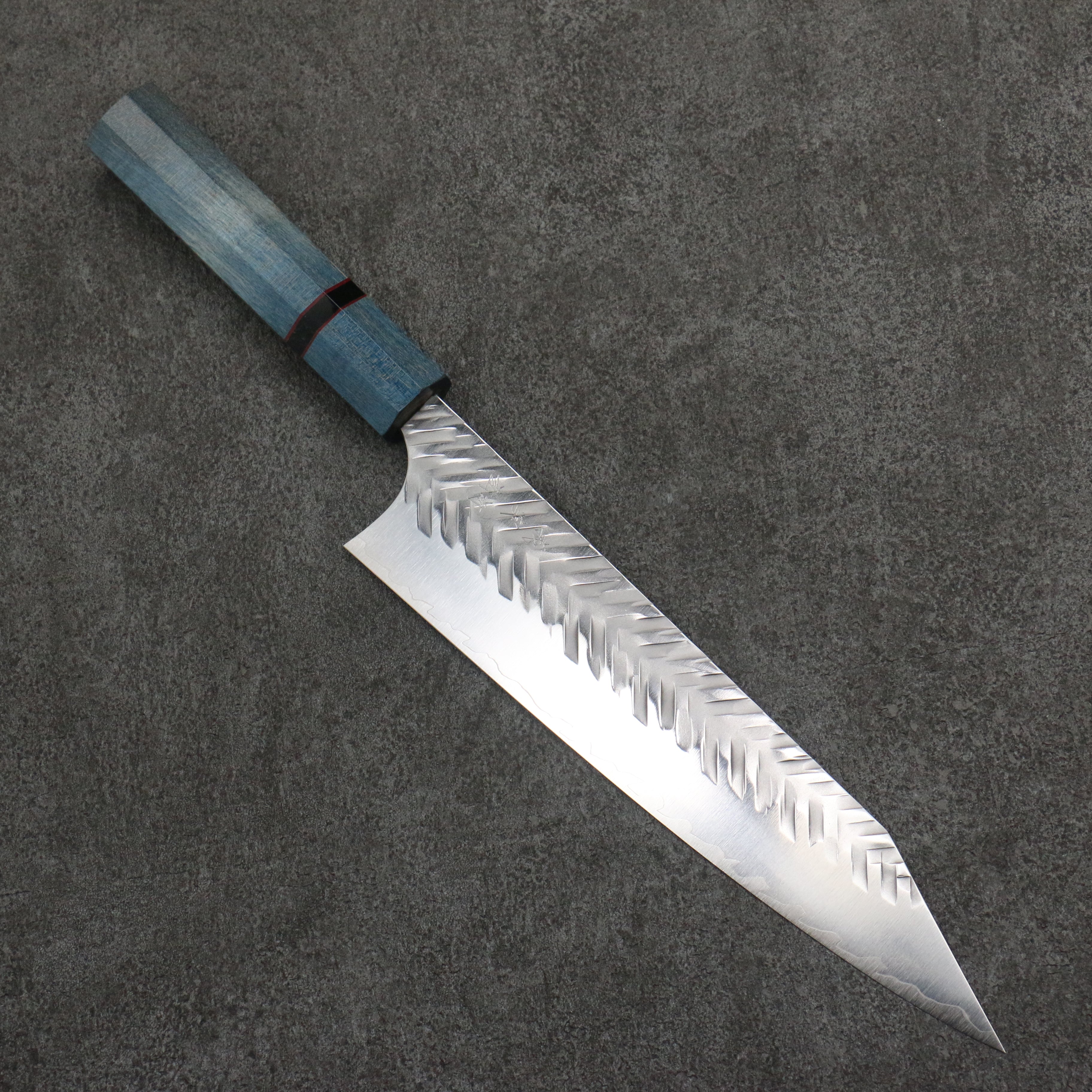 Yoshimi Kato SPG STRIX Hammered (V) Kiritsuke Gyuto 210mm Blue Stabilized Wood (With Black Ring) Handle - Seisuke Knife