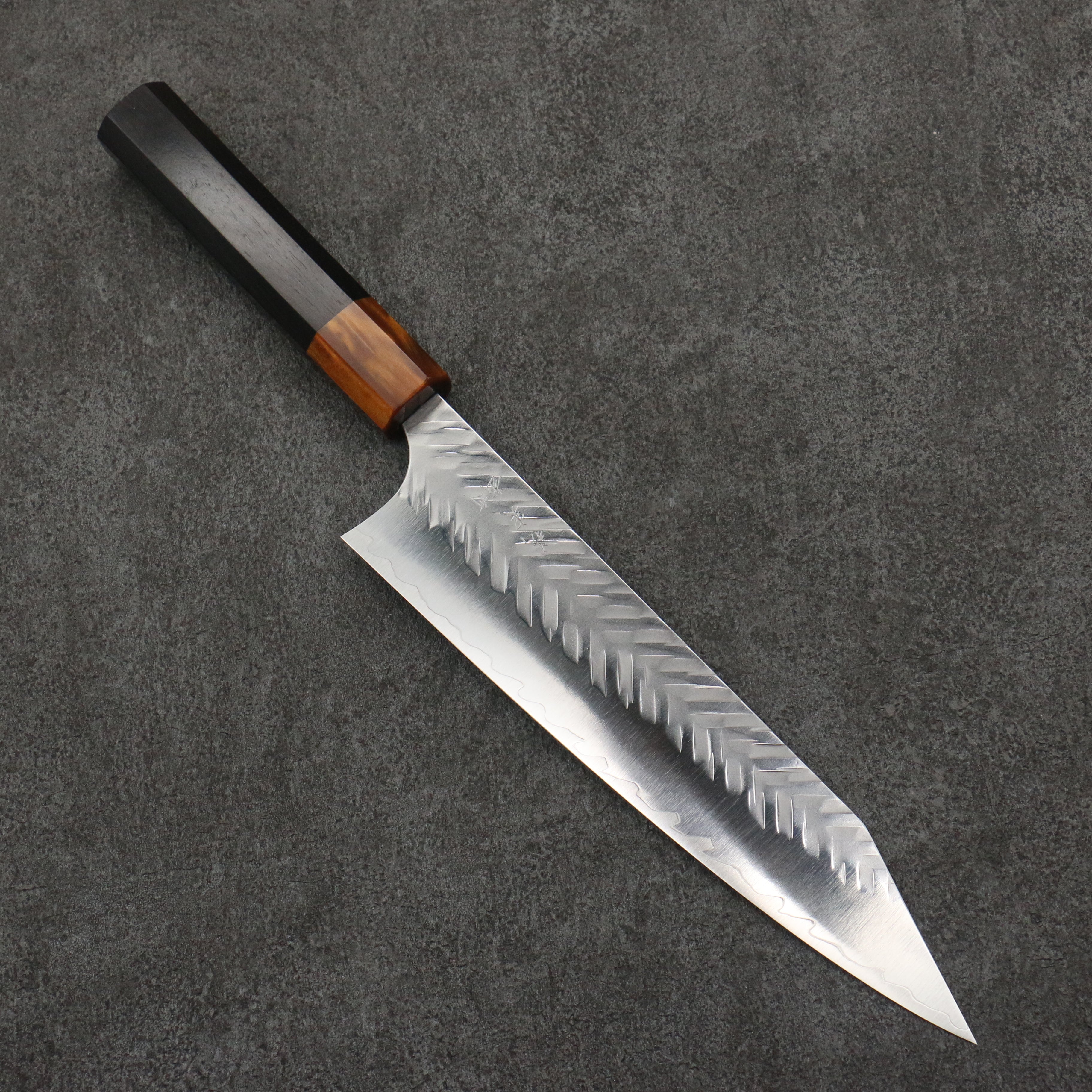 Yoshimi Kato SPG STRIX Hammered (V) Kiritsuke Gyuto 210mm Ebony (ferrule: Orange Resin) Handle - Seisuke Knife