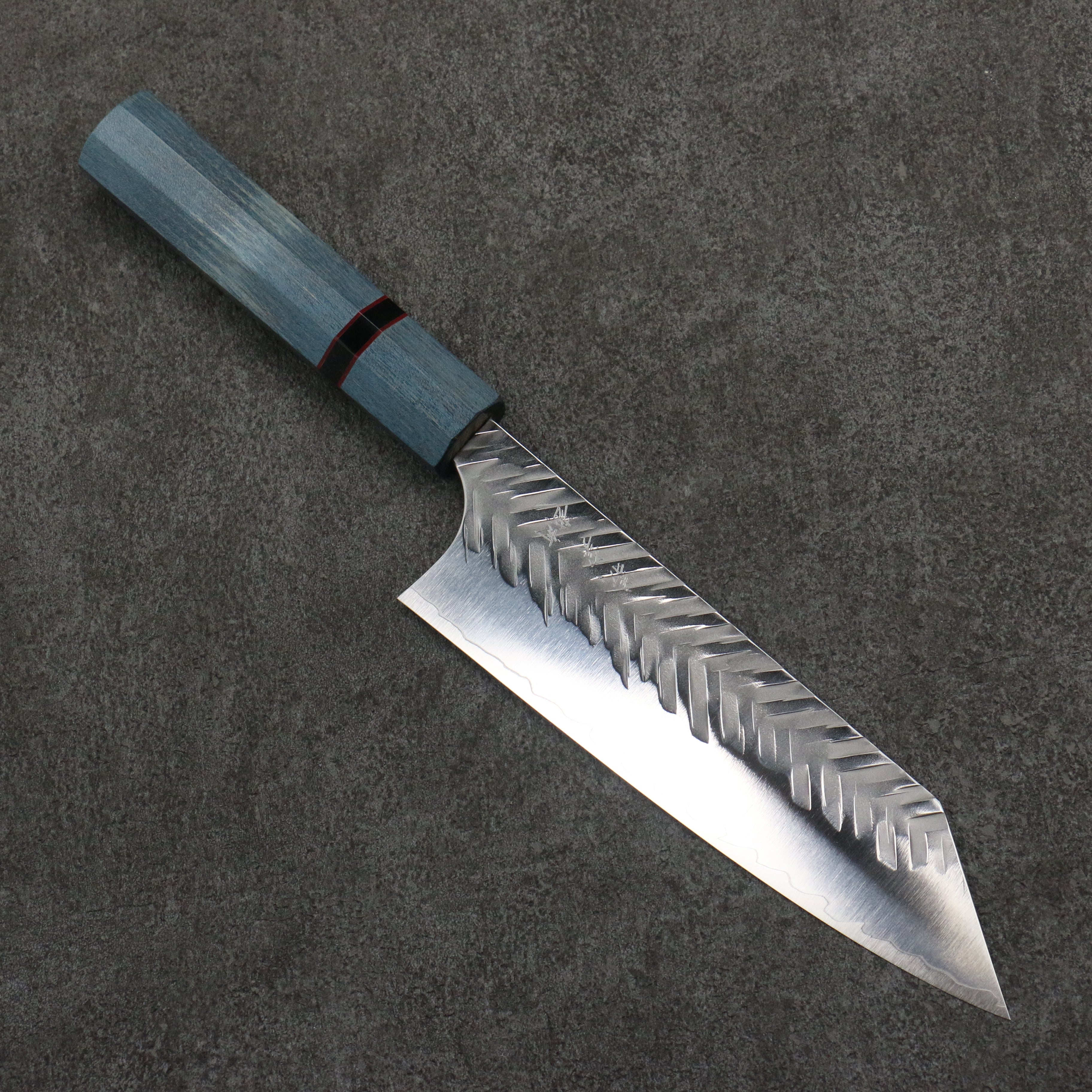 Yoshimi Kato SPG STRIX Hammered (V) Bunka 170mm Blue Stabilized Wood (With Black Ring) Handle - Seisuke Knife