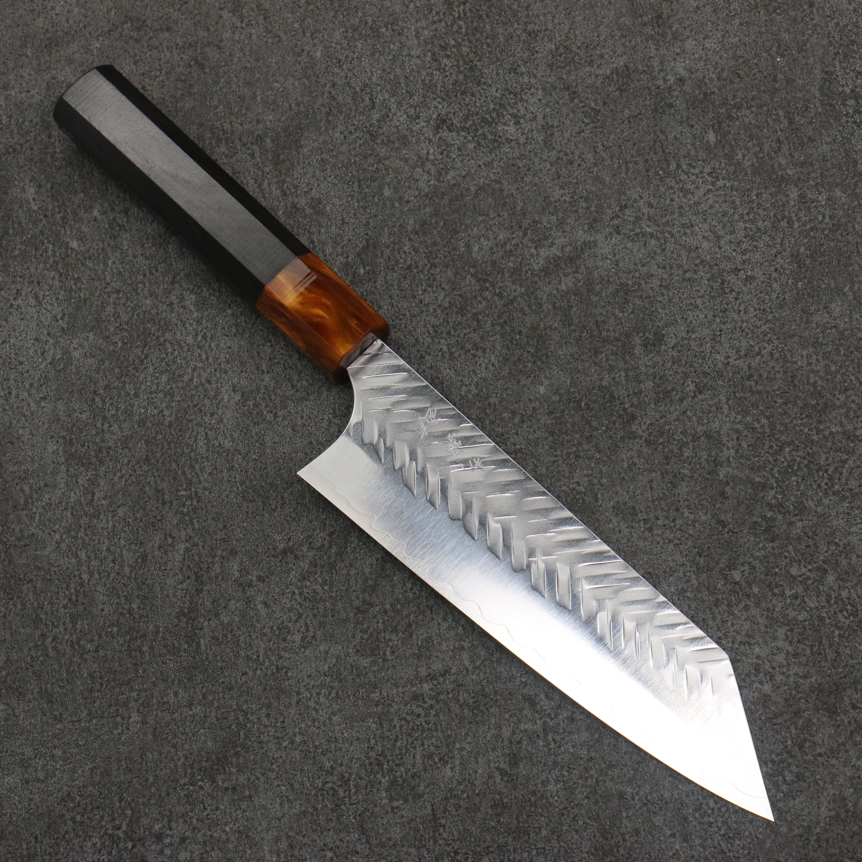 Yoshimi Kato SPG STRIX Hammered (V) Bunka 170mm Ebony (ferrule: Orange Resin) Handle - Seisuke Knife