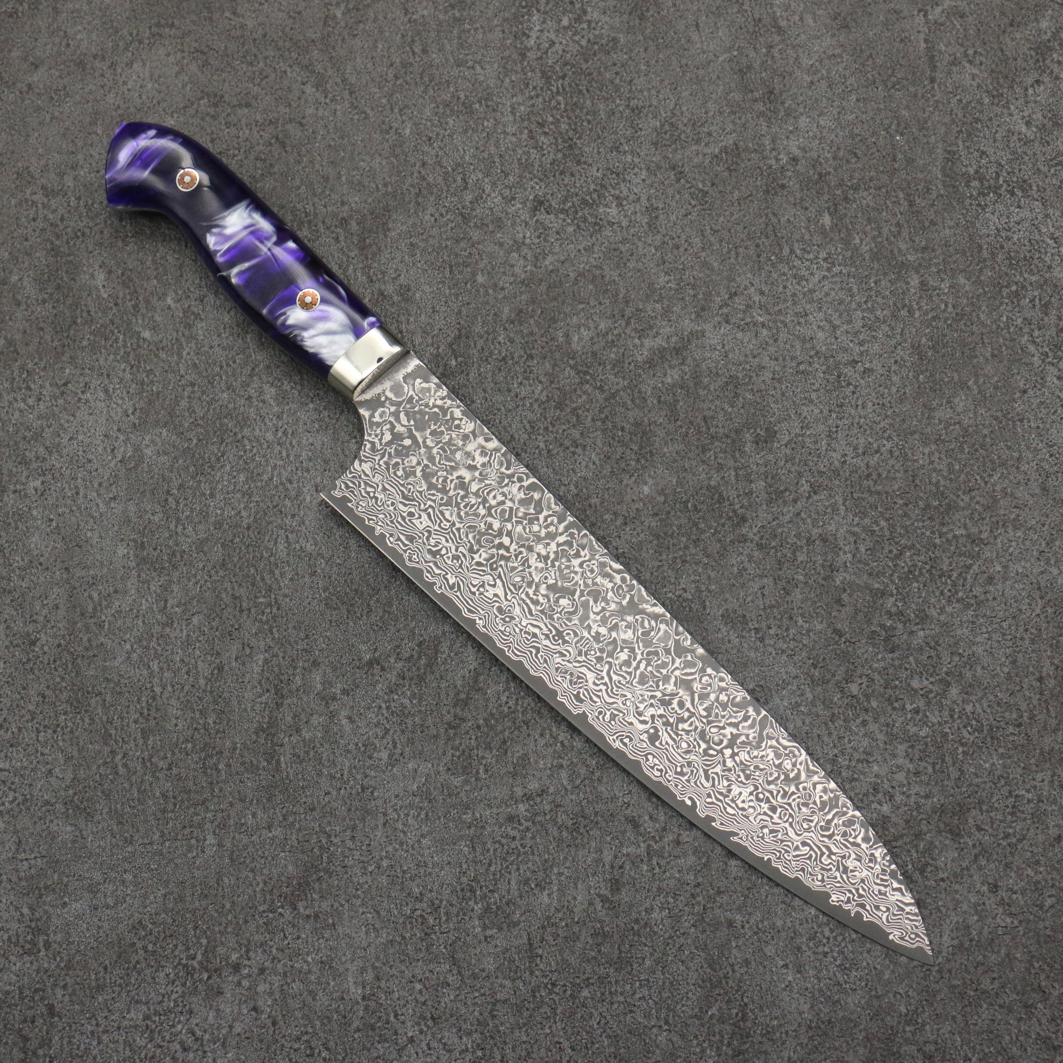 Yoshimi Kato VG10 Black Damascus Gyuto 210mm Purple and White Marble Acrylic Handle - Seisuke Knife