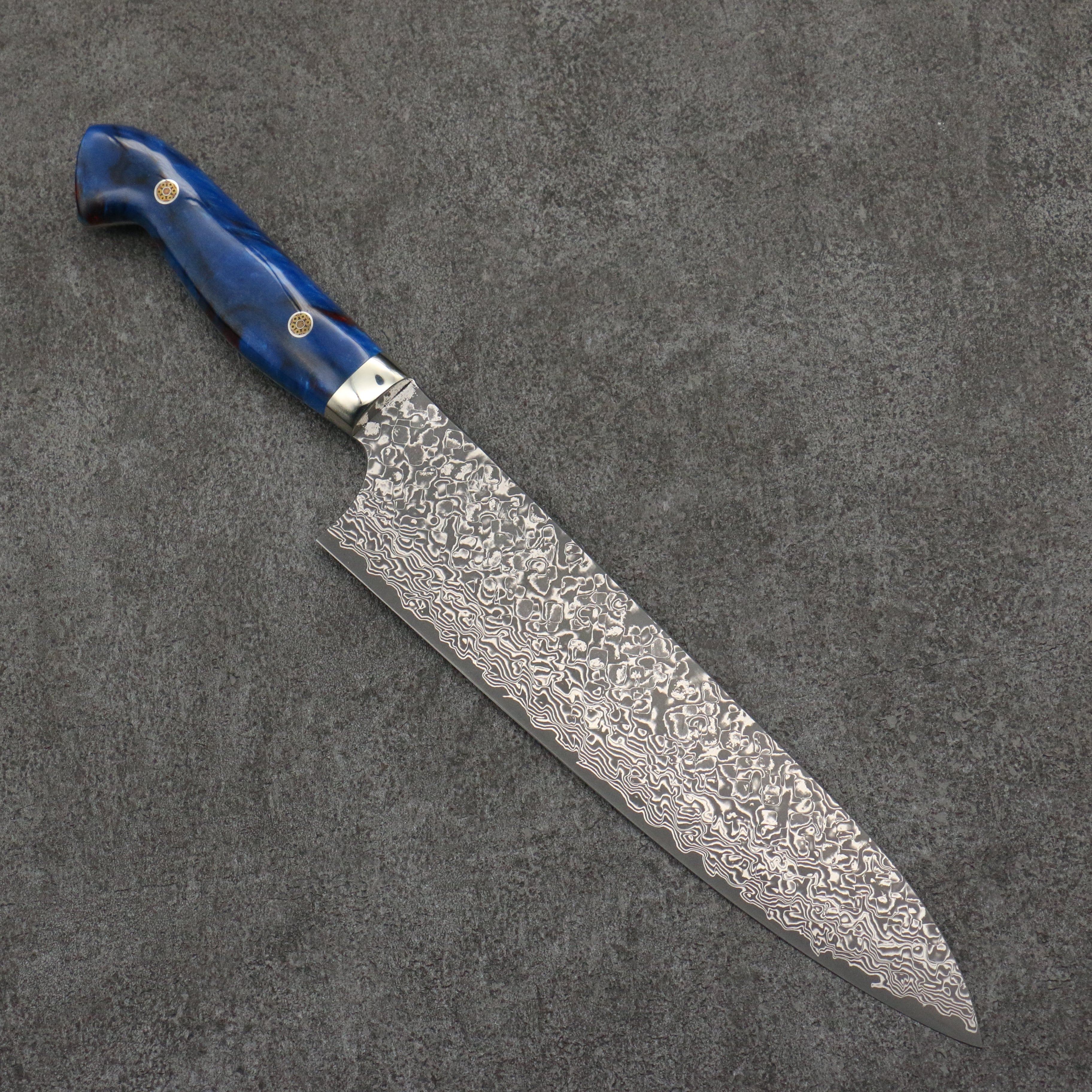 Yoshimi Kato VG10 Black Damascus Gyuto 210mm Blue and Red Marble Acrylic Handle - Seisuke Knife