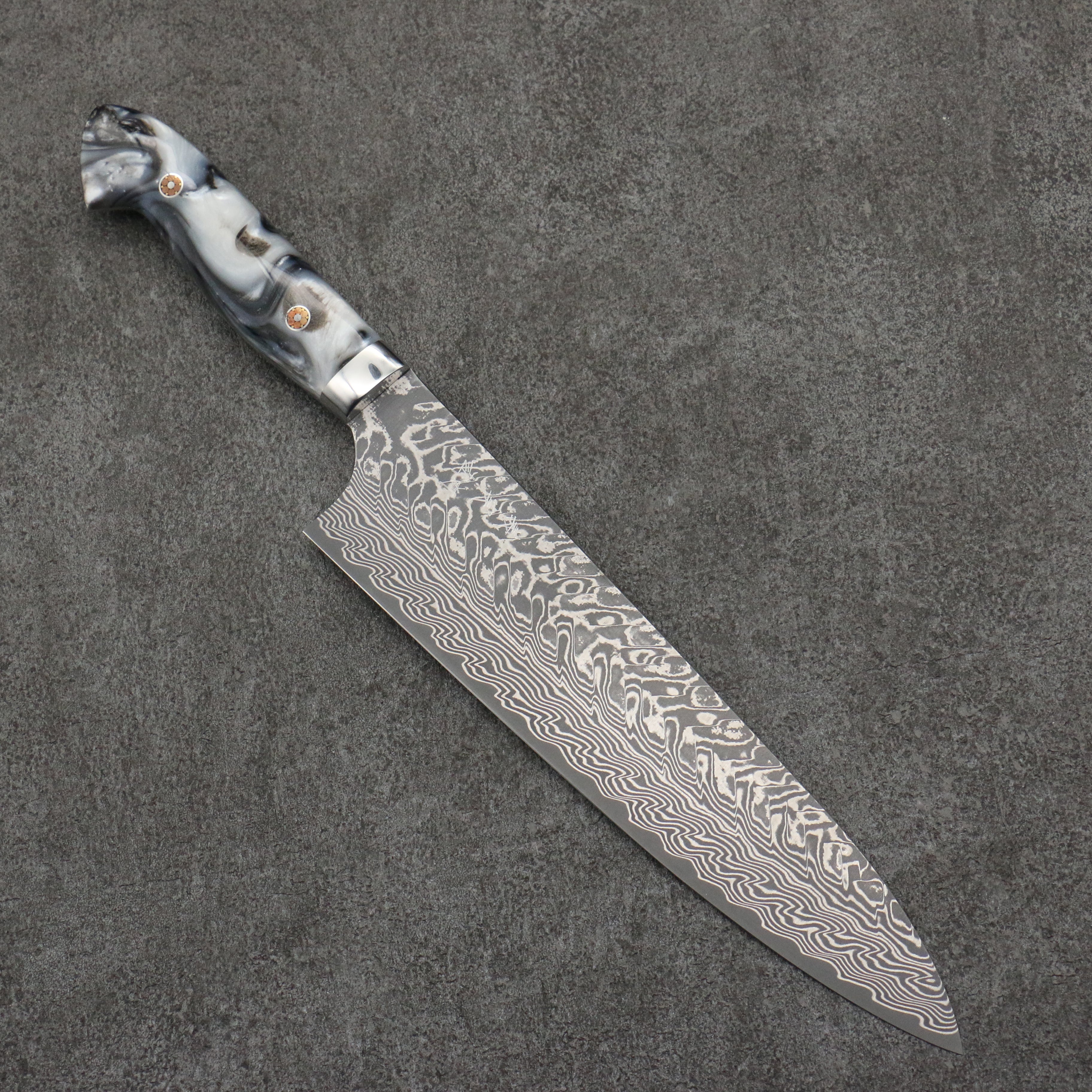 Yoshimi Kato SG2 Black Damascus Gyuto 210mm White and Black Marble Acrylic Handle - Seisuke Knife