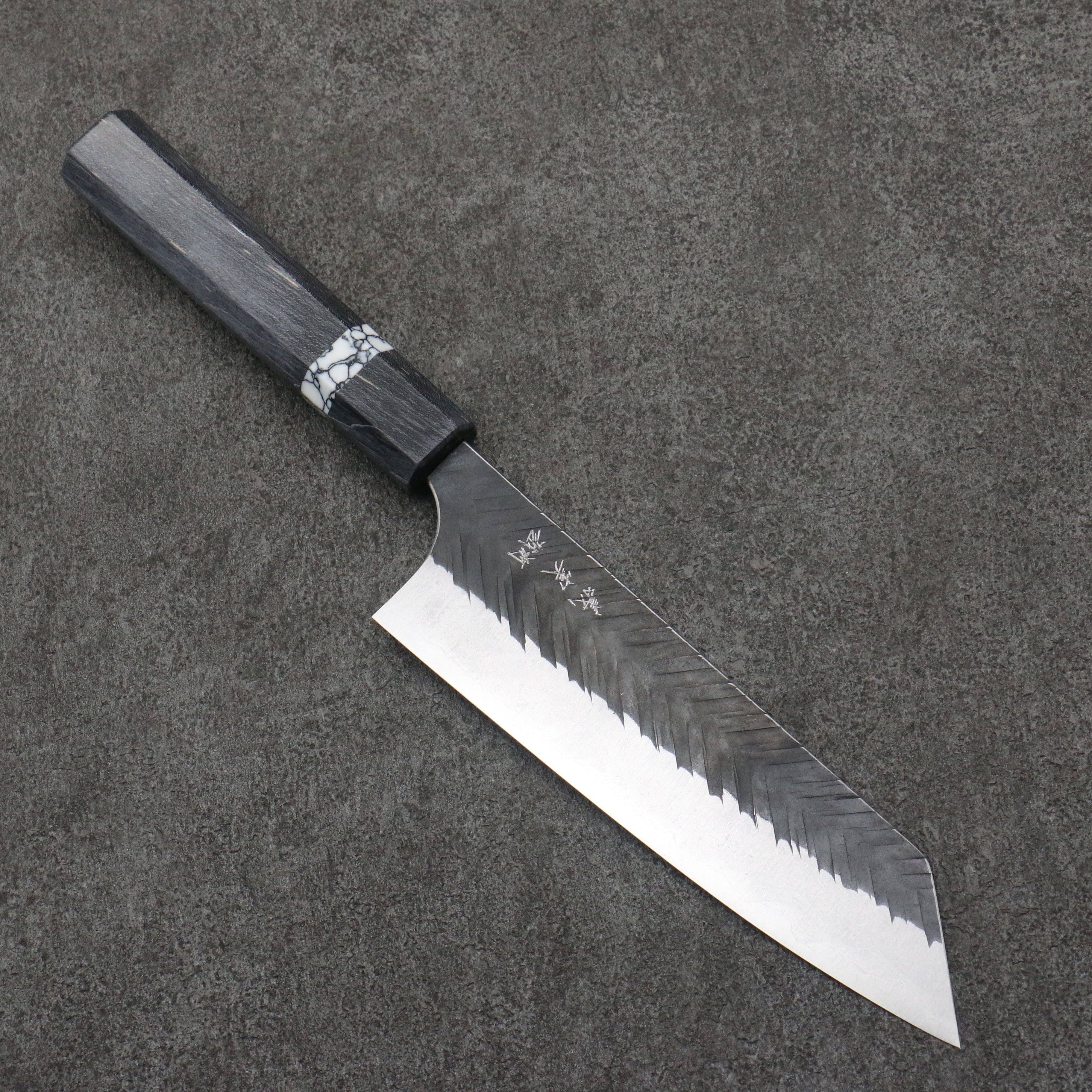 Yoshimi Kato Blue Super Hammered (V) Black Finished Bunka 170mm Gray Stabilized Wood (White turquoise Ring) Handle - Seisuke Knife