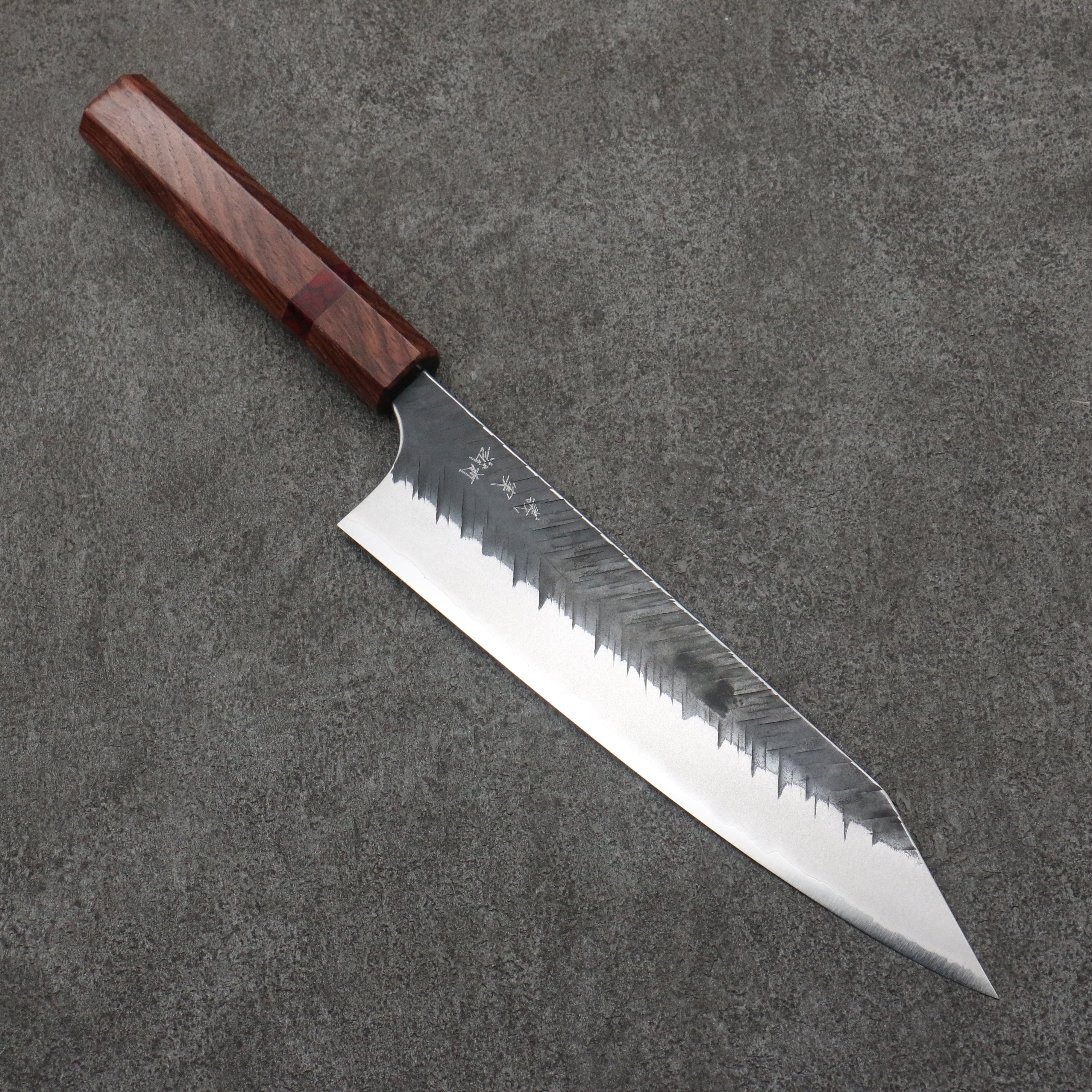 Yoshimi Kato Blue Super Hammered (V) Black Finished Gyuto 210mm Rosewood (Red Turquoise Ring) Handle - Seisuke Knife