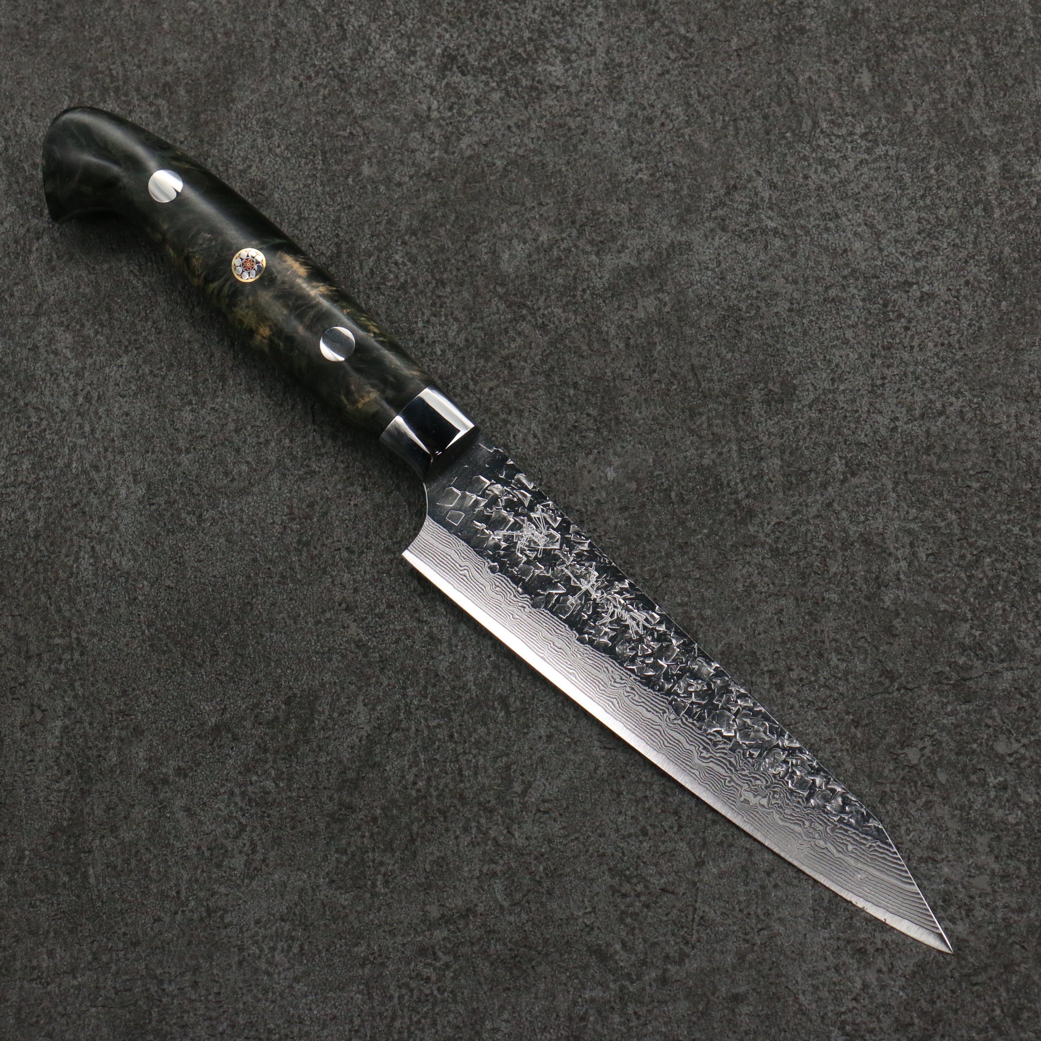 Yu Kurosaki Shizuku SG2 Hammered Damascus Kiritsuke Petty-Utility 130mm Black Stablilized Wood Handle - Seisuke Knife