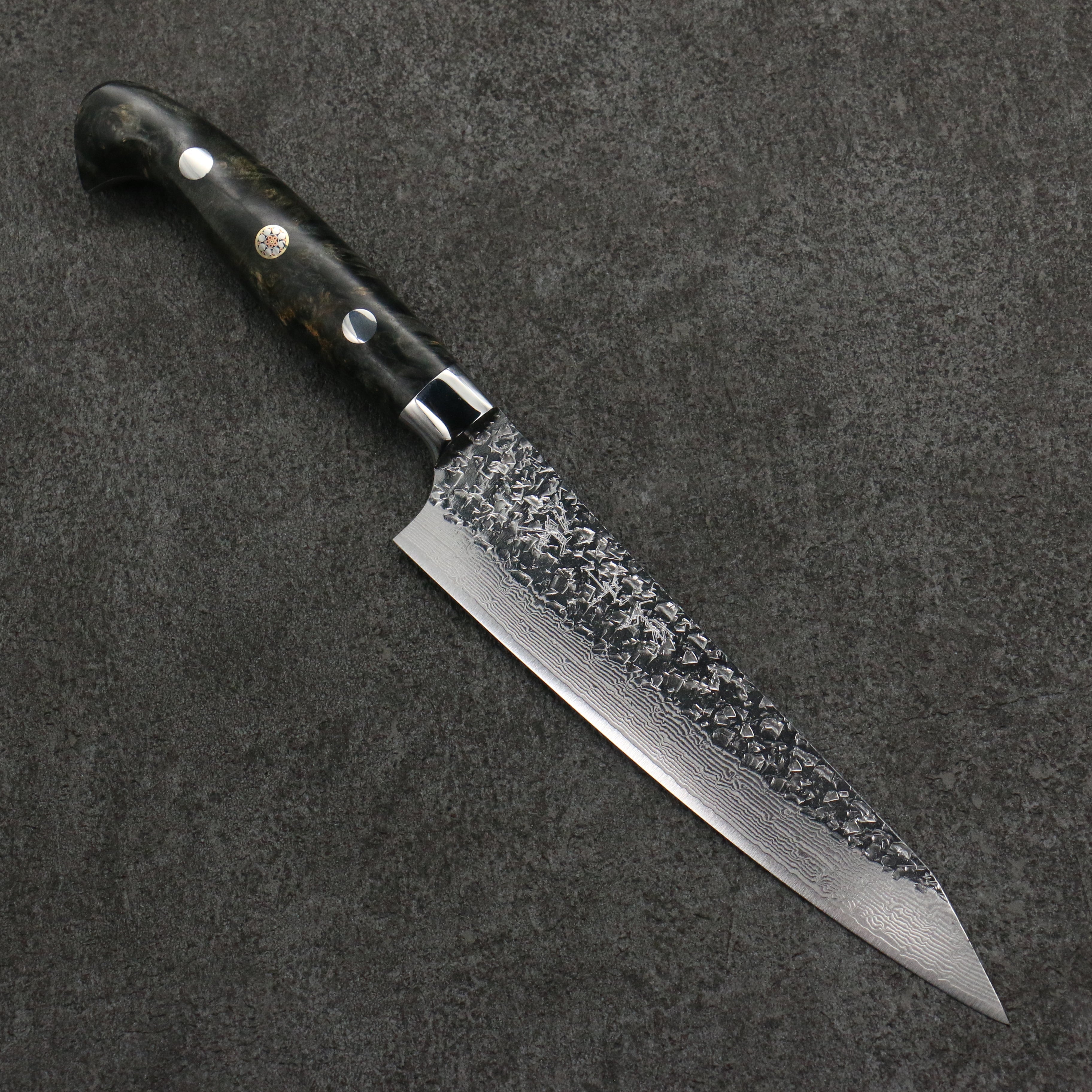 Yu Kurosaki Shizuku SG2 Hammered Damascus Kiritsuke Petty-Utility 150mm Black Stablilized Wood Handle - Seisuke Knife