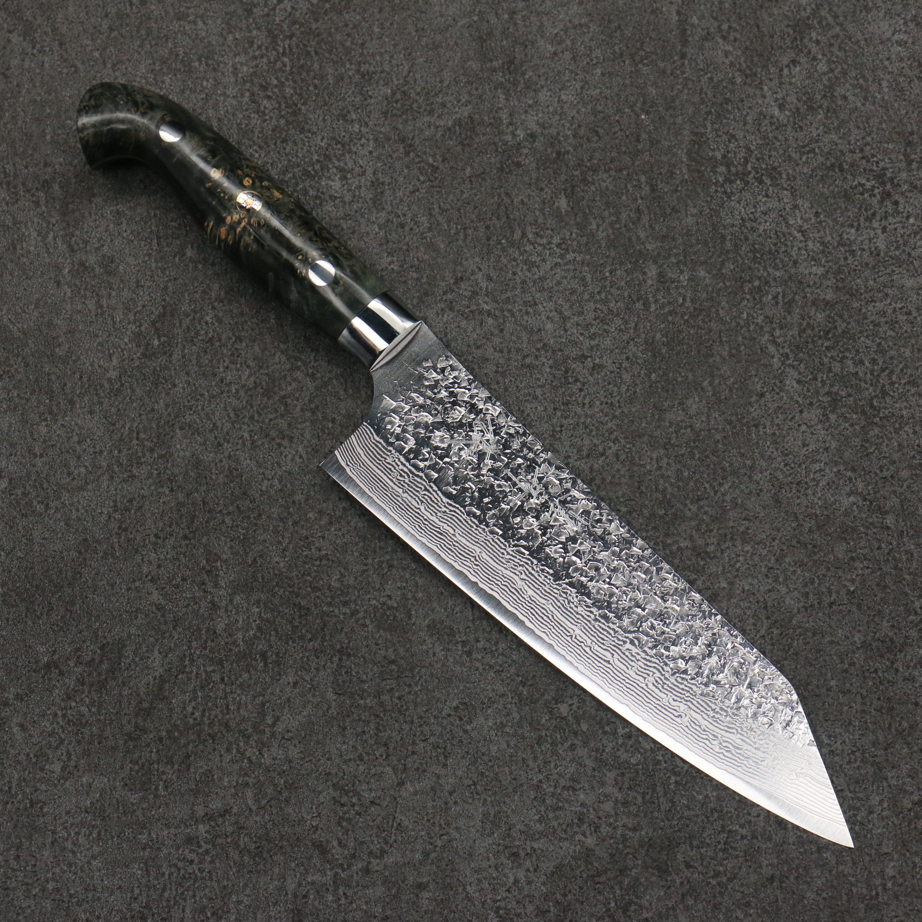 Yu Kurosaki Shizuku SG2 Hammered Damascus Bunka 170mm Gray Stablilized Wood Handle - Seisuke Knife