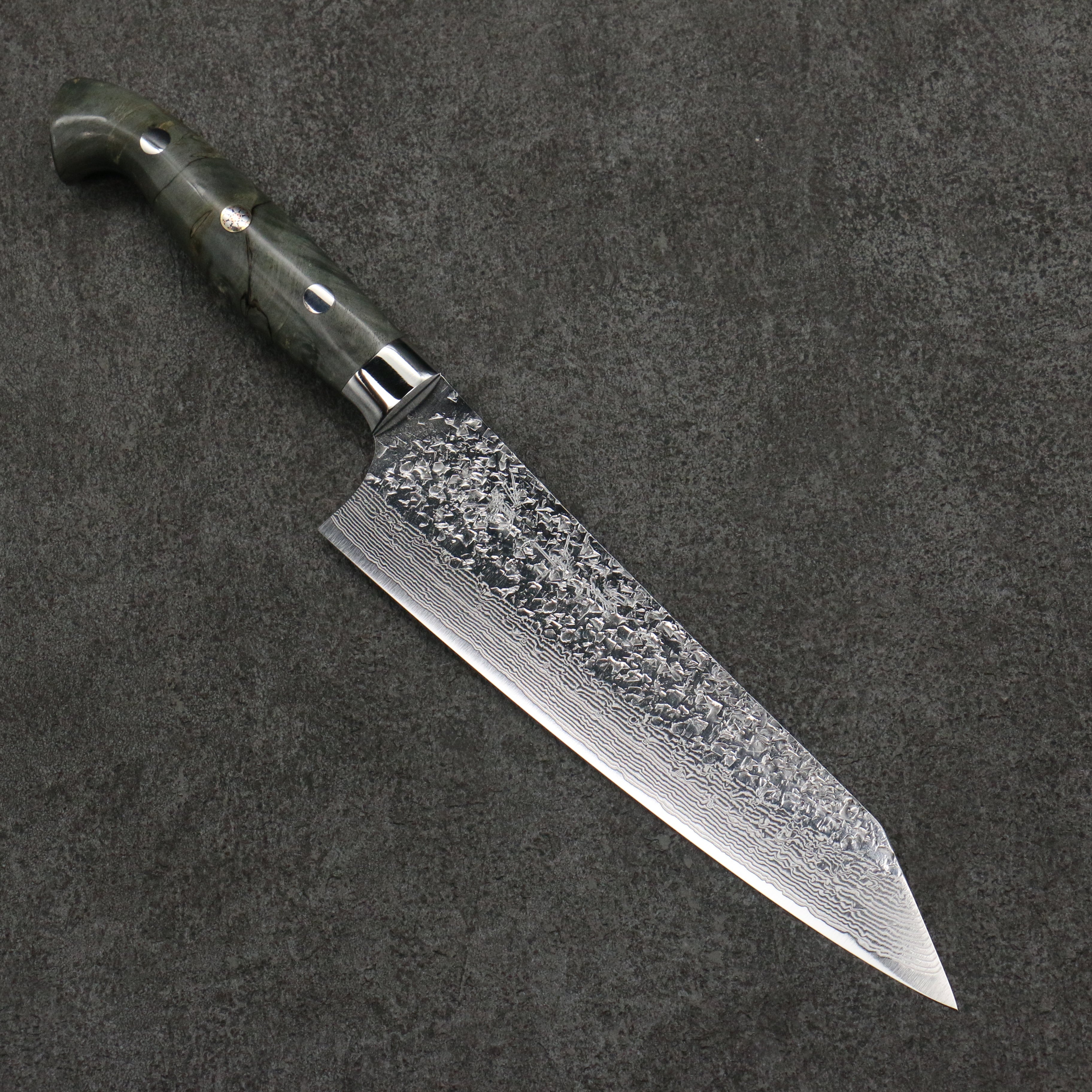 Yu Kurosaki Shizuku SG2 Hammered Damascus Kiritsuke Gyuto 180mm Gray Stablilized Wood Handle - Seisuke Knife