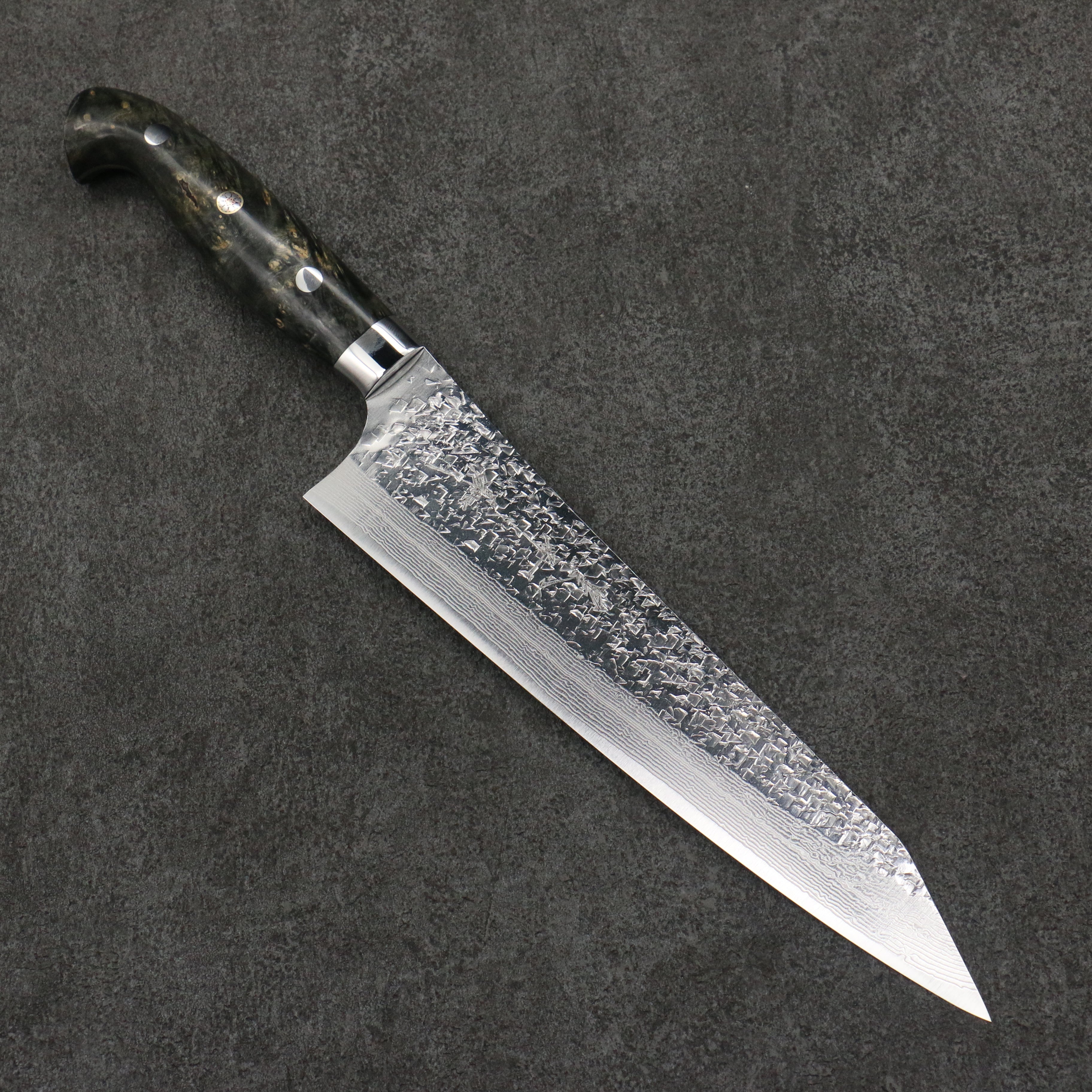 Yu Kurosaki Shizuku SG2 Hammered Damascus Kiritsuke Gyuto 210mm Gray Stablilized Wood Handle - Seisuke Knife
