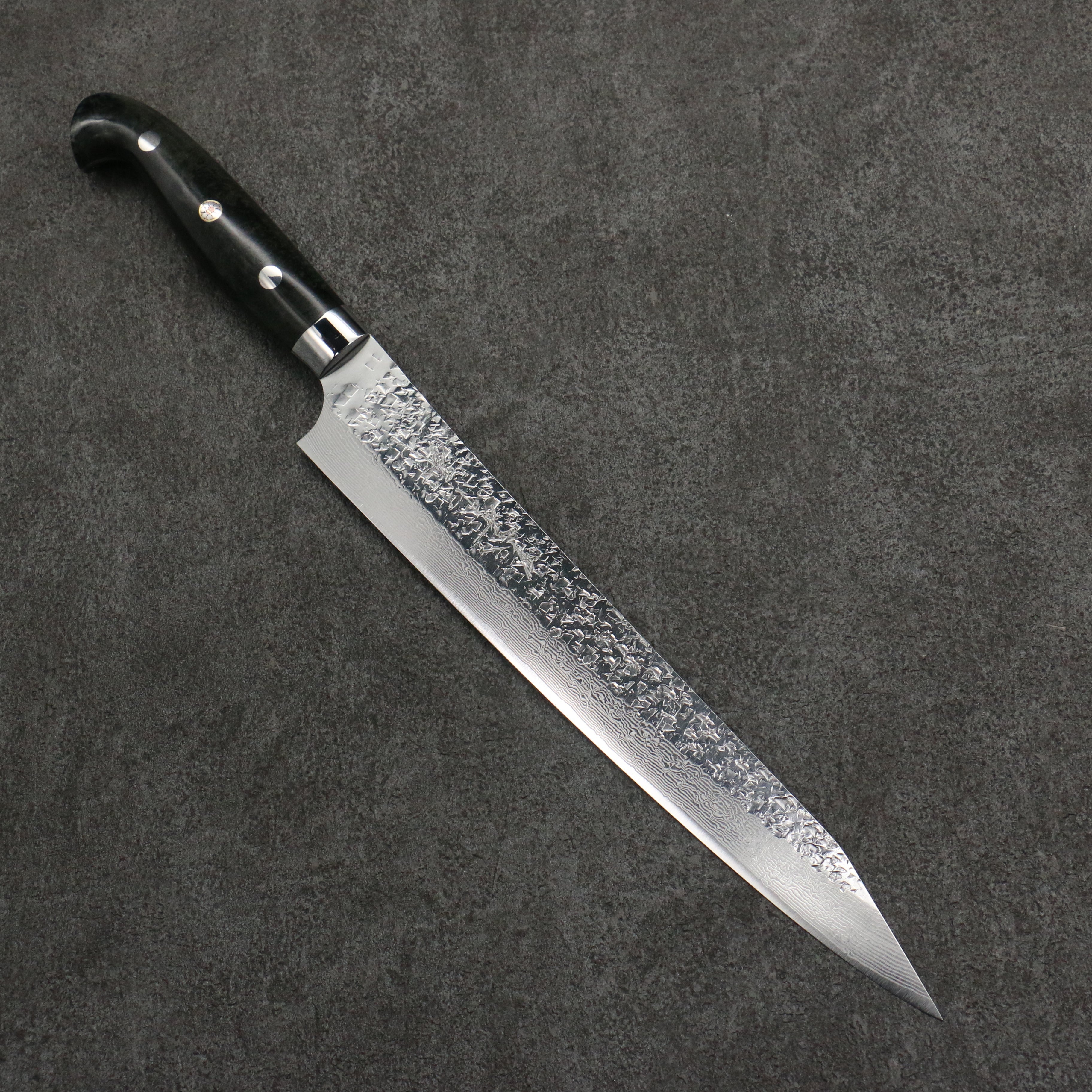 Yu Kurosaki Shizuku SG2 Hammered Damascus Kiritsuke Sujihiki 240mm Gray Stablilized Wood Handle - Seisuke Knife