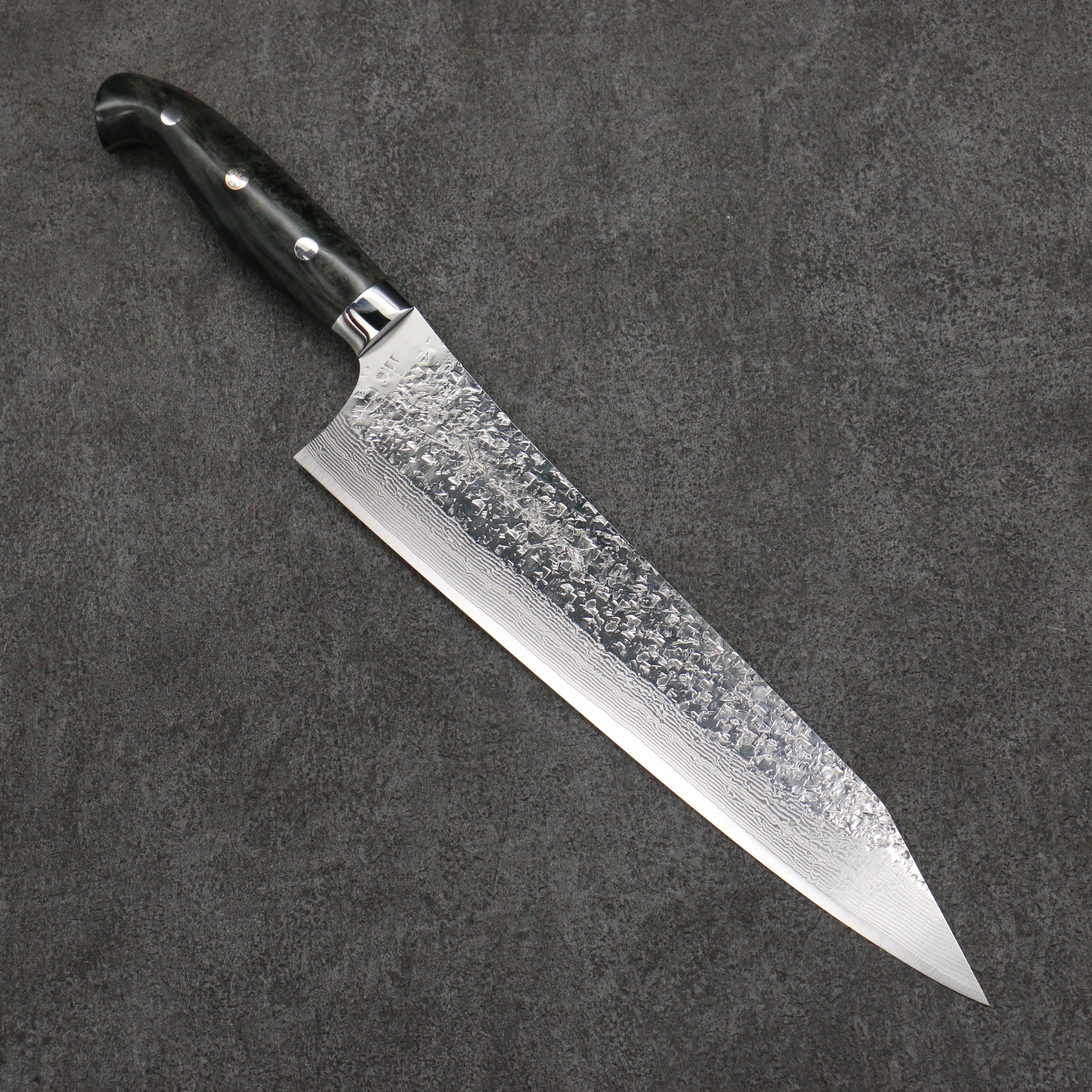 Yu Kurosaki Shizuku SG2 Hammered Damascus Kiritsuke Gyuto 240mm Gray Stablilized Wood Handle - Seisuke Knife
