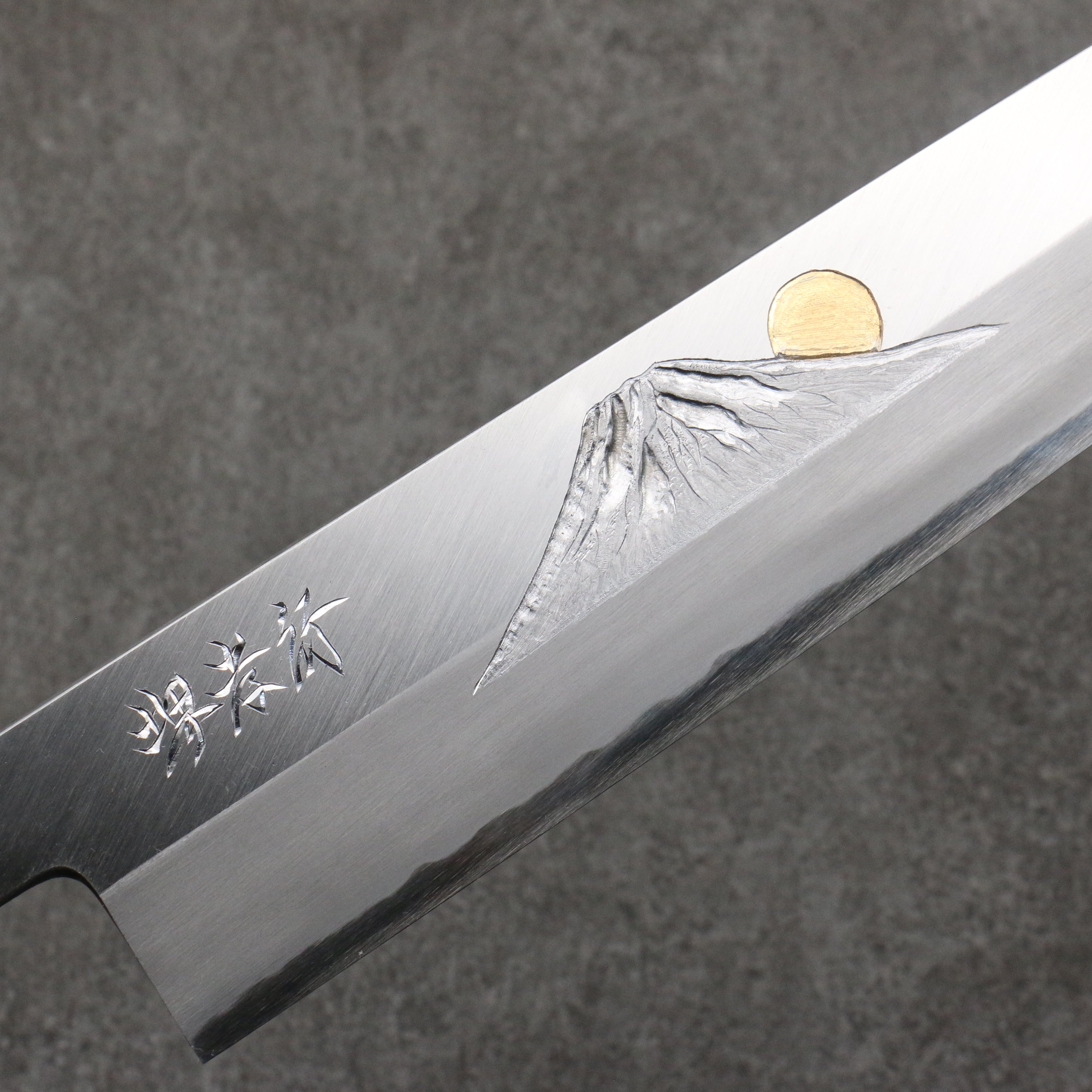 Sakai Takayuki Gold Filled Engraving by Kubota Fuji and Sunset Blue Steel No.2 Kiritsuke Gyuto 270mm Magnolia (Ferrule: Water Buffalo Horn) Handle - Seisuke Knife