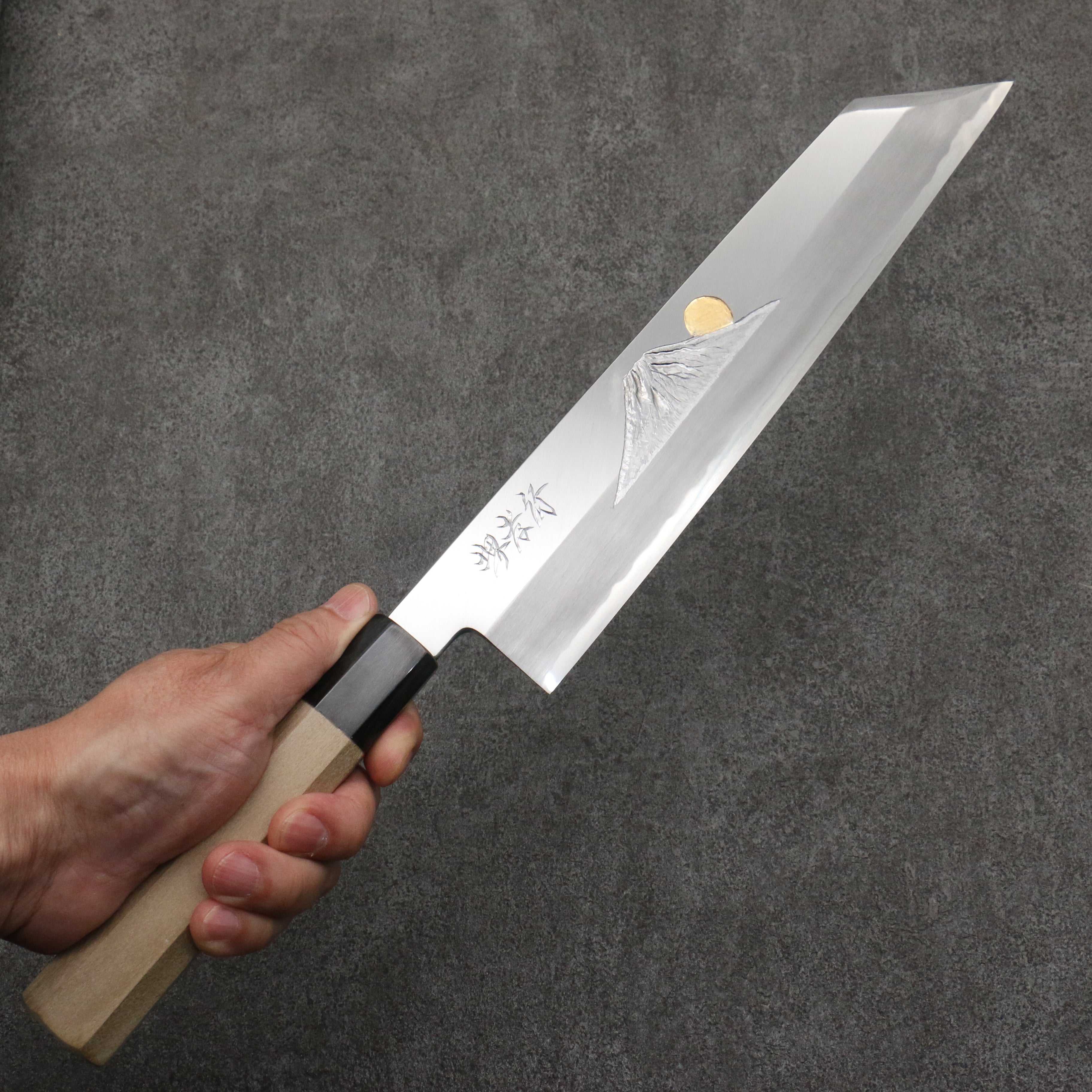 Sakai Takayuki Gold Filled Engraving by Kubota Fuji and Sunset Blue Steel No.2 Kiritsuke Gyuto 270mm Magnolia (Ferrule: Water Buffalo Horn) Handle - Seisuke Knife