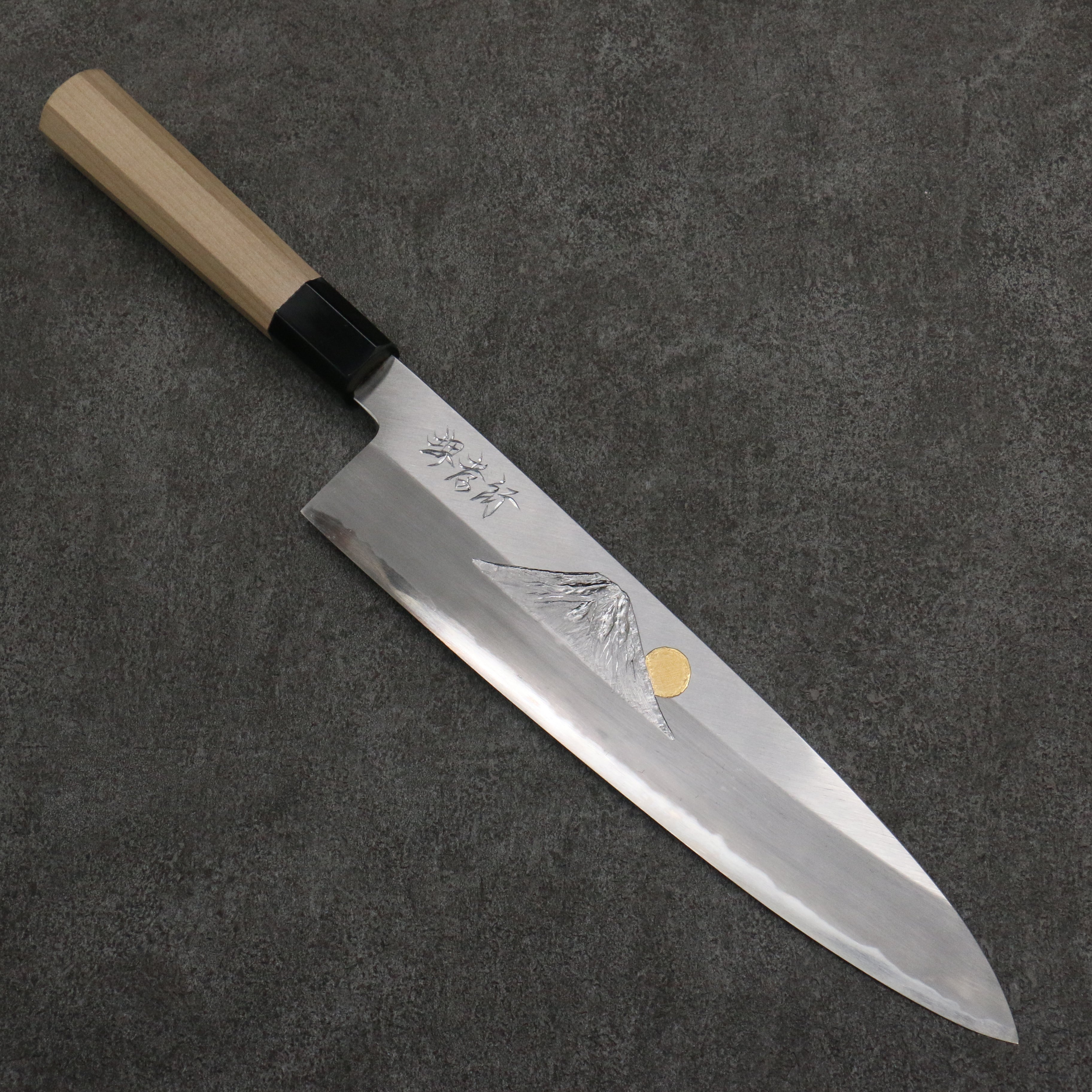 Sakai Takayuki Gold Filled Engraving by Kubota Fuji and Sunset Blue Steel No.2 Gyuto 270mm Magnolia (Ferrule: Water Buffalo Horn) Handle - Seisuke Knife