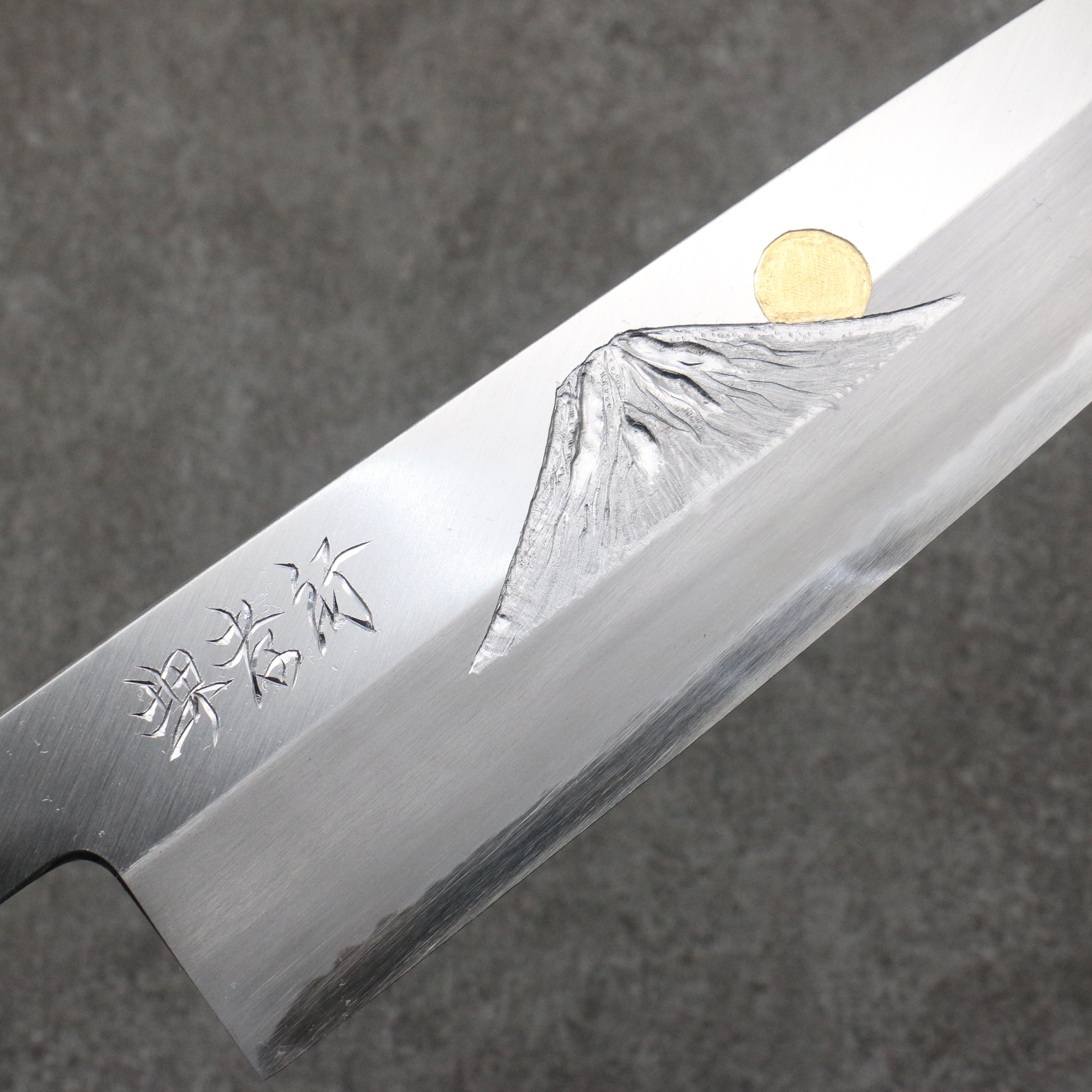 Sakai Takayuki Gold Filled Engraving by Kubota Fuji and Sunset Blue Steel No.2 Gyuto 270mm Magnolia (Ferrule: Water Buffalo Horn) Handle - Seisuke Knife