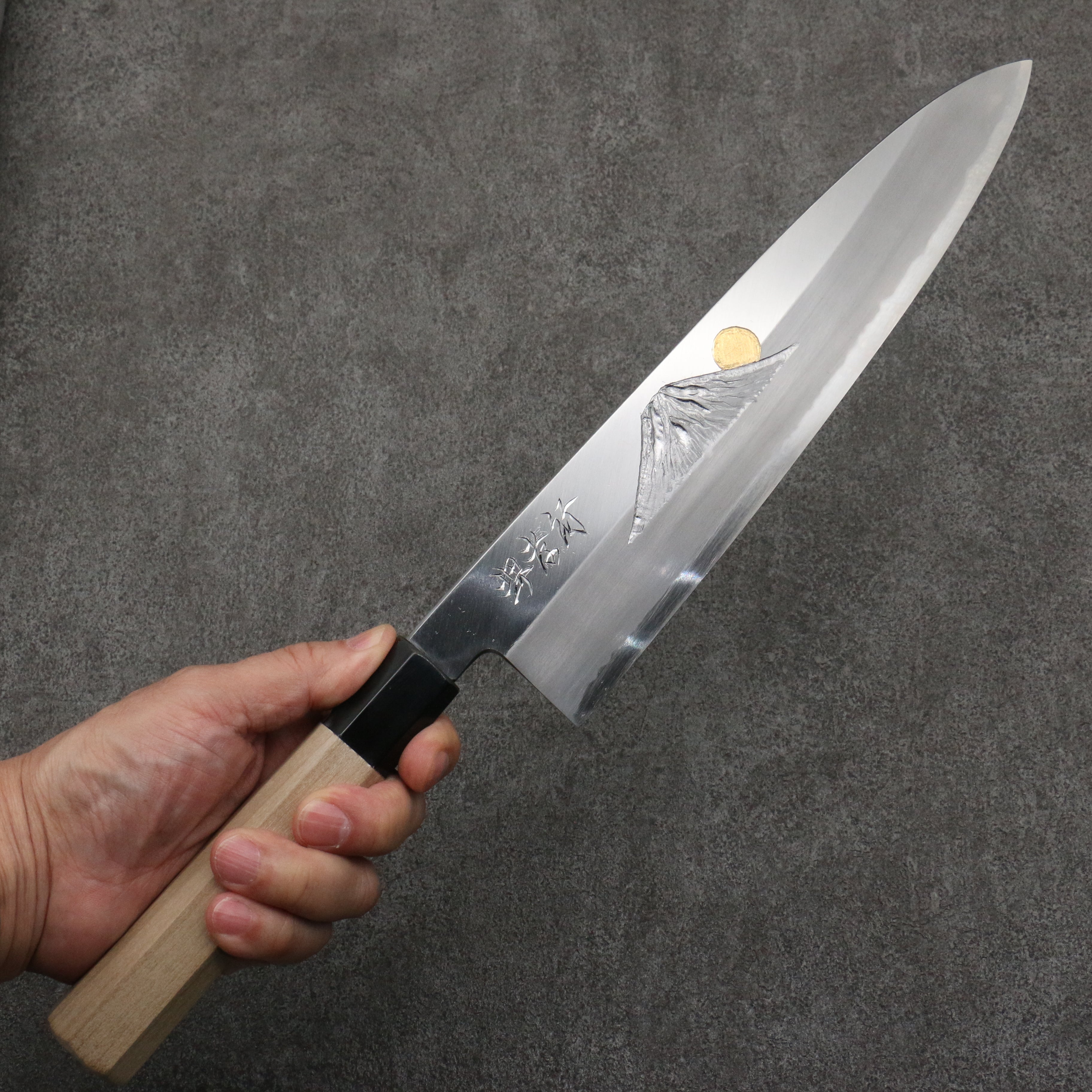 Sakai Takayuki Gold Filled Engraving by Kubota Fuji and Sunset Blue Steel No.2 Gyuto 270mm Magnolia (Ferrule: Water Buffalo Horn) Handle - Seisuke Knife