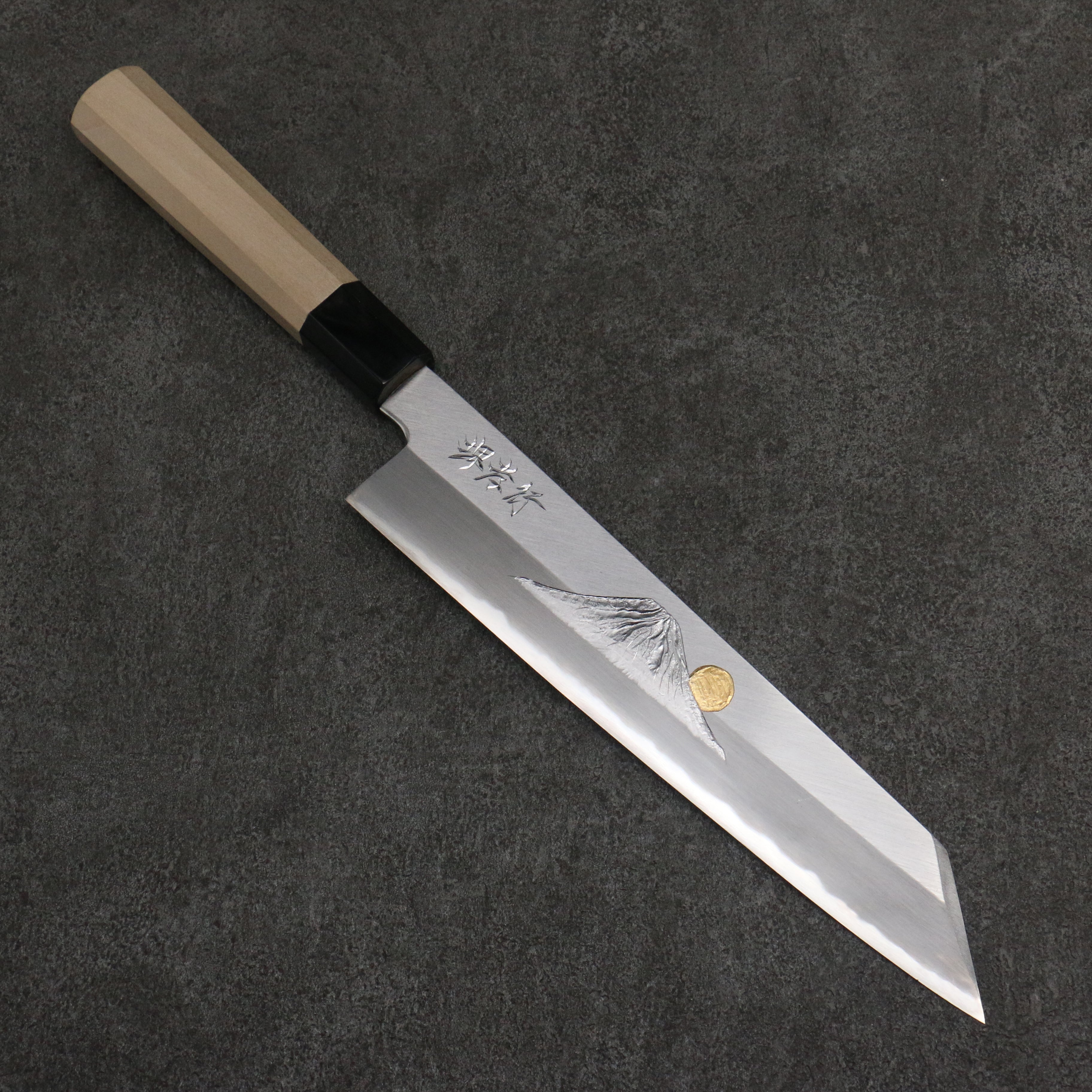 Sakai Takayuki Gold Filled Engraving by Kubota Fuji and Sunset Blue Steel No.2 Kiritsuke Gyuto 240mm Magnolia (Ferrule: Water Buffalo Horn) Handle - Seisuke Knife
