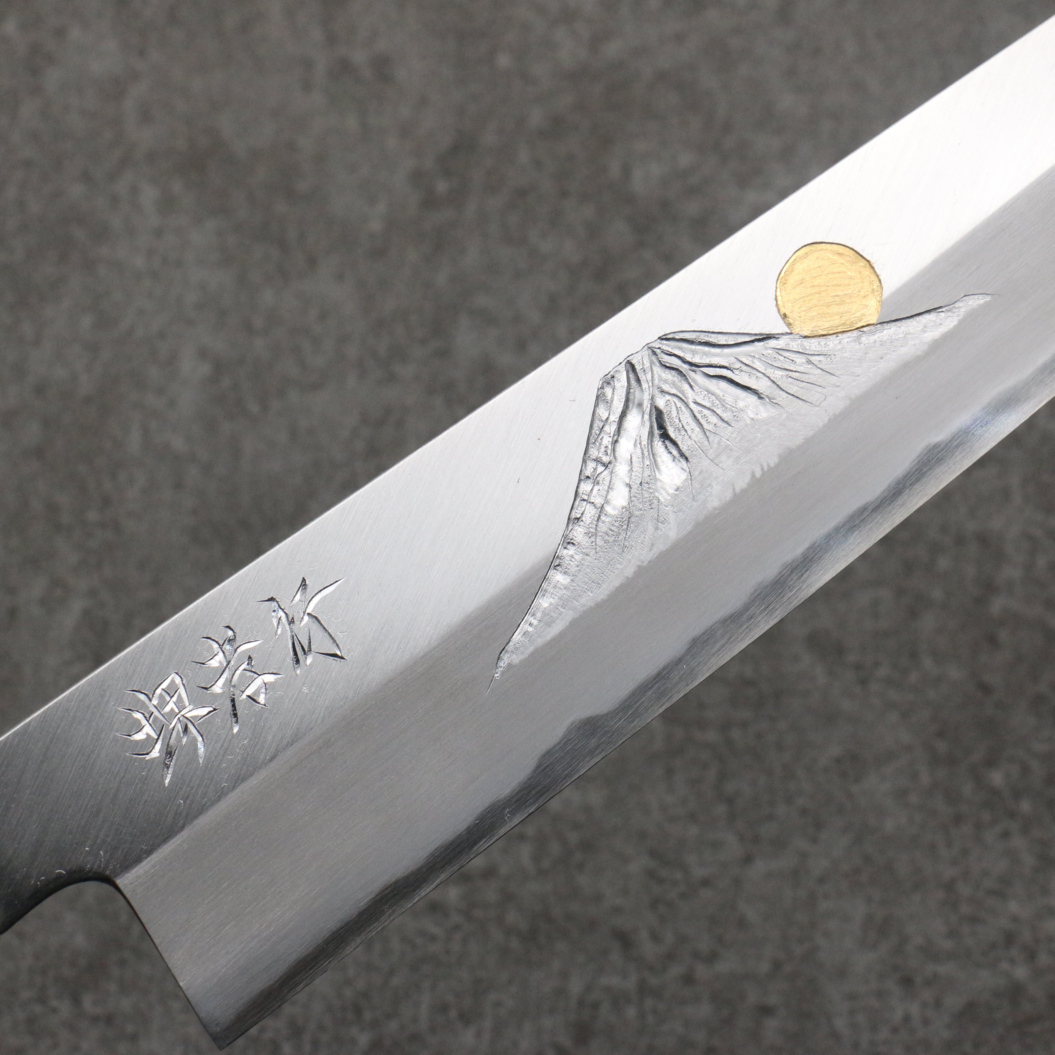 Sakai Takayuki Gold Filled Engraving by Kubota Fuji and Sunset Blue Steel No.2 Kiritsuke Gyuto 240mm Magnolia (Ferrule: Water Buffalo Horn) Handle - Seisuke Knife