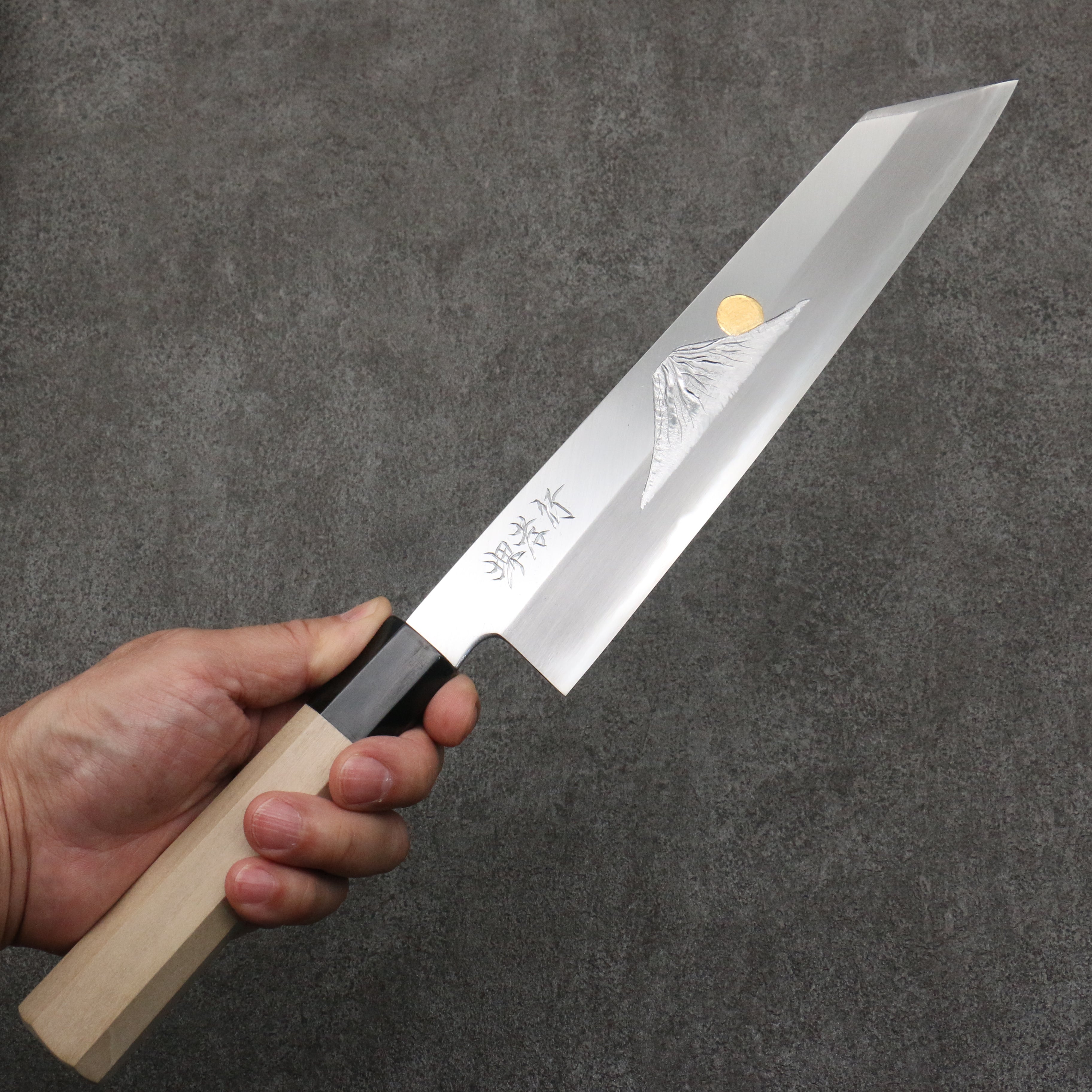 Sakai Takayuki Gold Filled Engraving by Kubota Fuji and Sunset Blue Steel No.2 Kiritsuke Gyuto 240mm Magnolia (Ferrule: Water Buffalo Horn) Handle - Seisuke Knife
