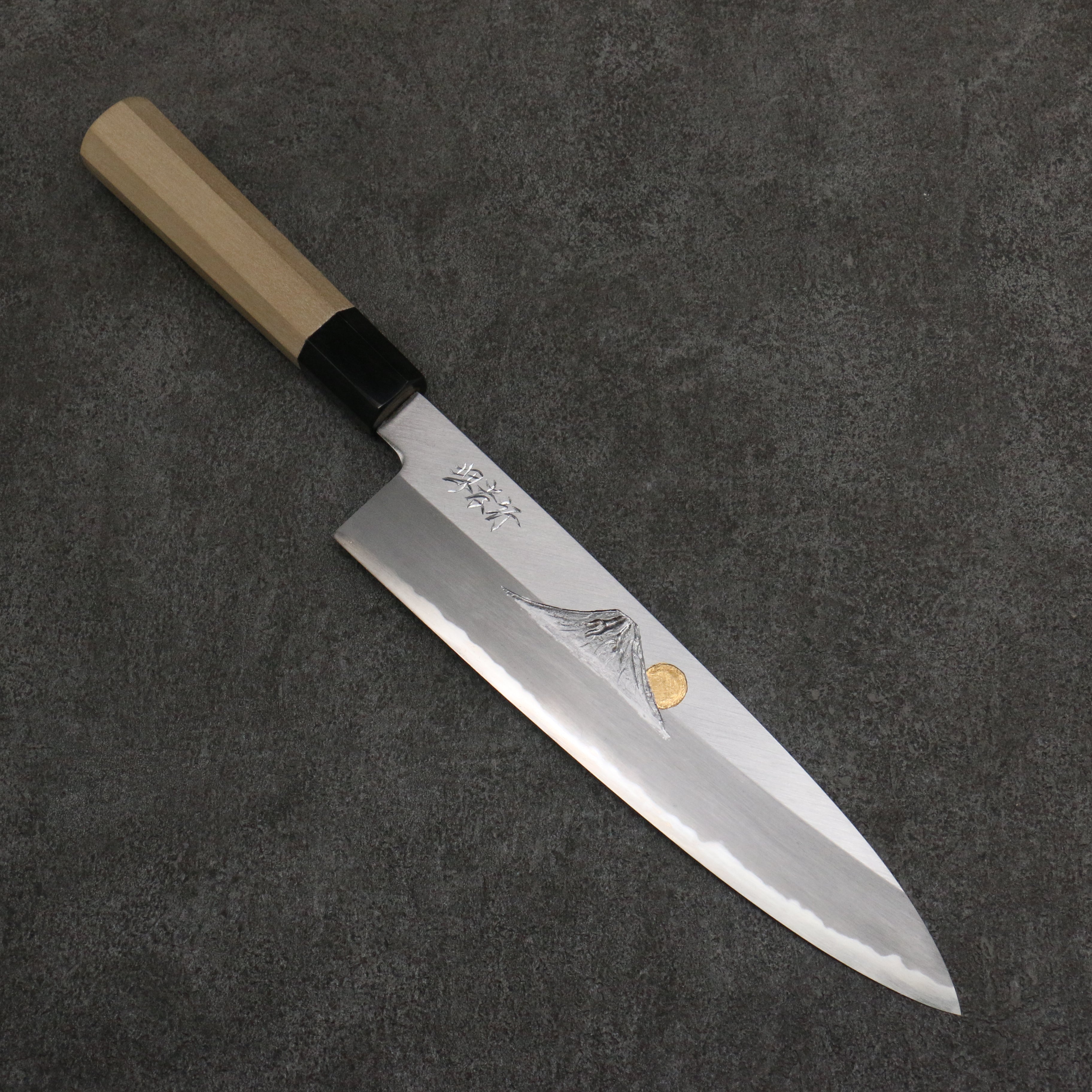 Sakai Takayuki Gold Filled Engraving by Kubota Fuji and Sunset Blue Steel No.2 Gyuto 240mm Magnolia (Ferrule: Water Buffalo Horn) Handle - Seisuke Knife