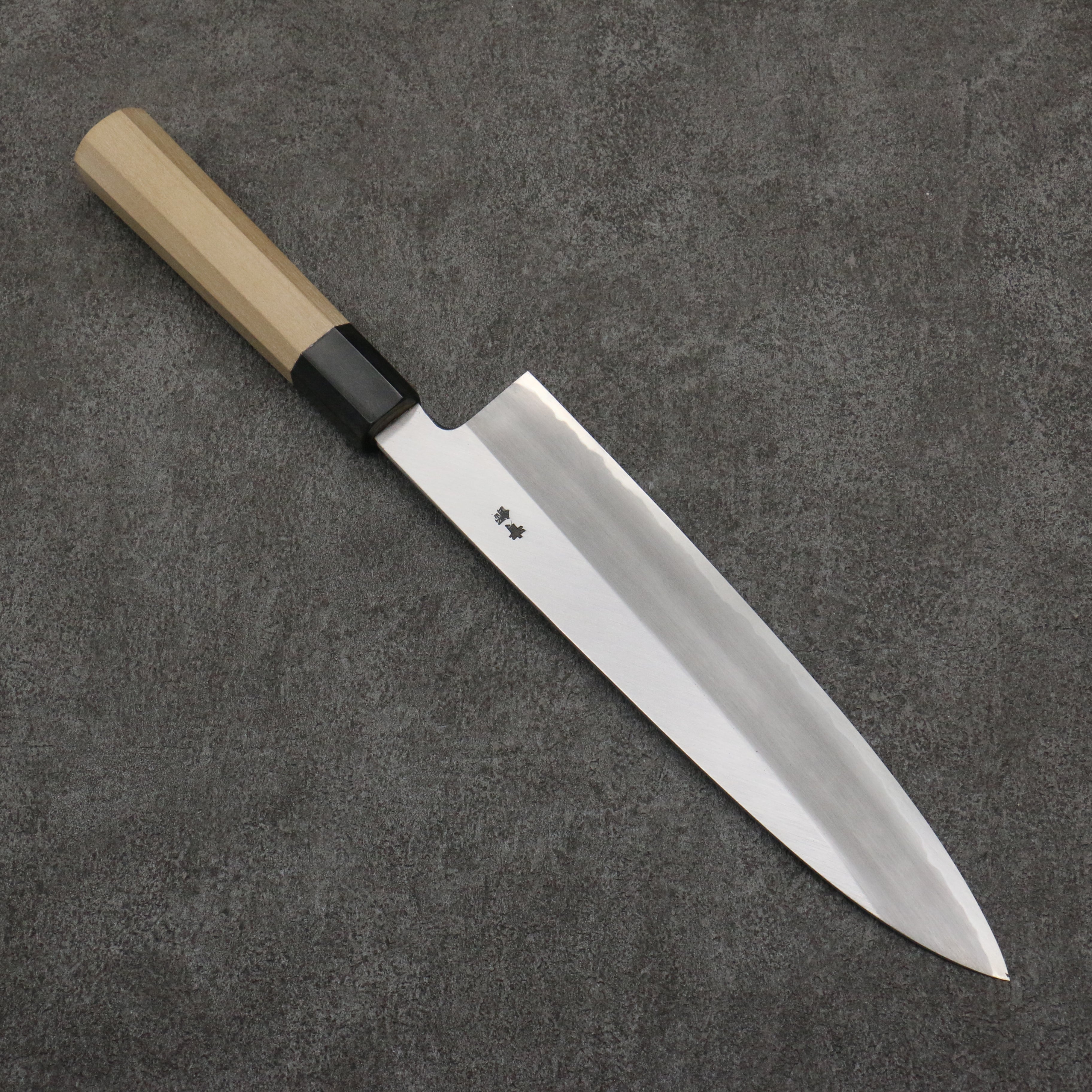 Sakai Takayuki Gold Filled Engraving by Kubota Fuji and Sunset Blue Steel No.2 Gyuto 240mm Magnolia (Ferrule: Water Buffalo Horn) Handle - Seisuke Knife