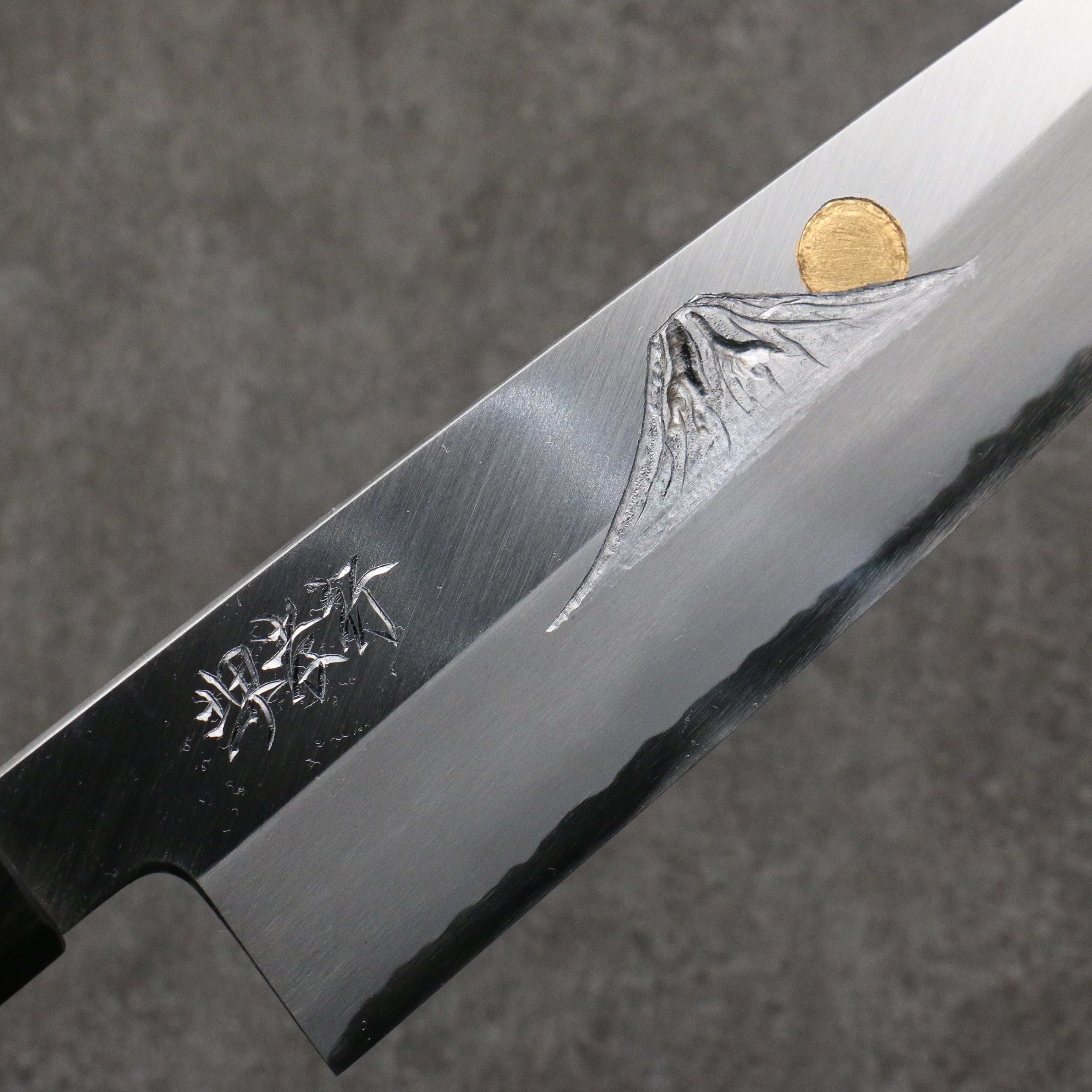 Sakai Takayuki Gold Filled Engraving by Kubota Fuji and Sunset Blue Steel No.2 Gyuto 240mm Magnolia (Ferrule: Water Buffalo Horn) Handle - Seisuke Knife
